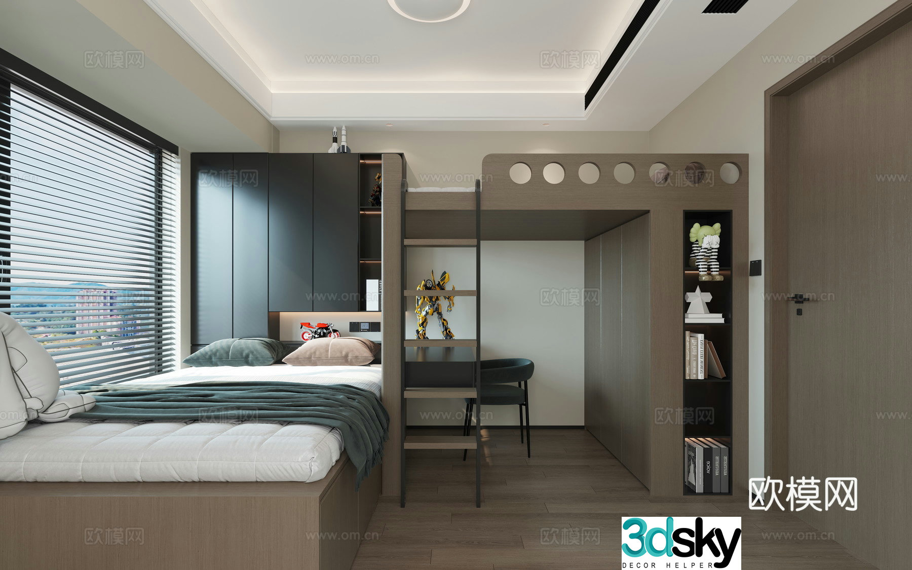 Modern Italian minimalist bedroom tatami kids room high and low bed 3d model