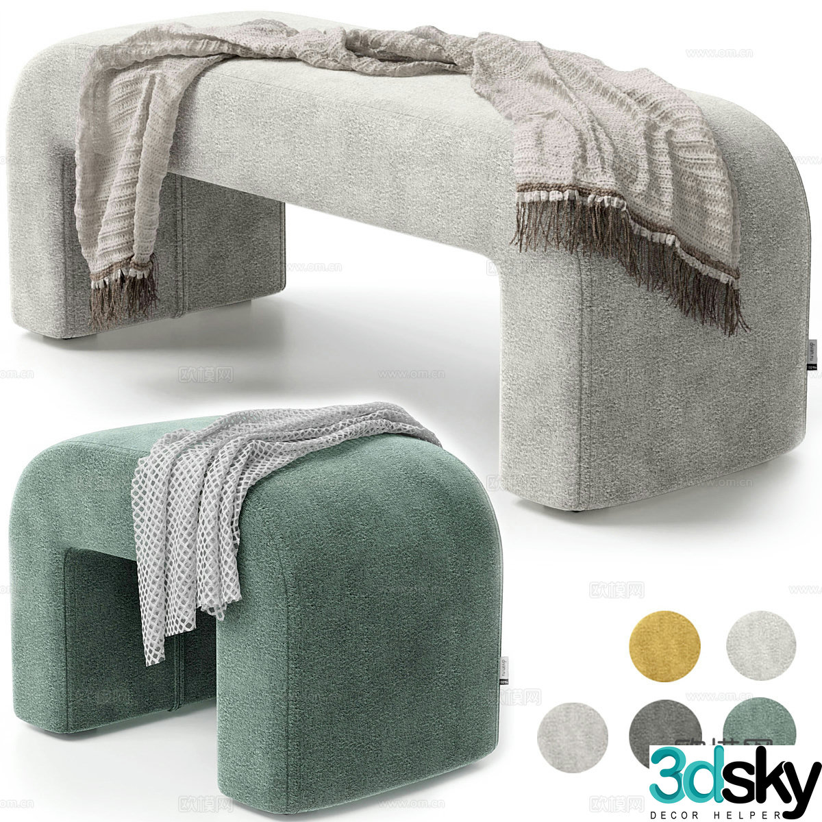 New Chinese style fabric bed tail stool 3D model