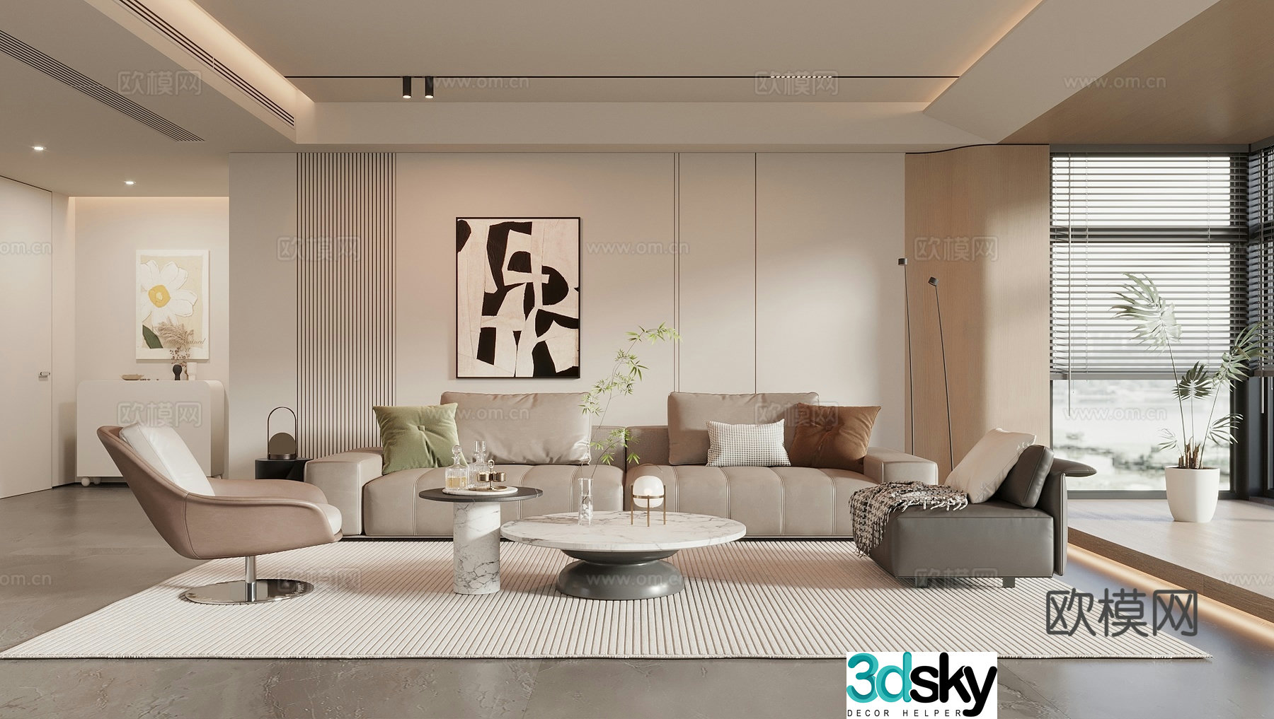Modern creamy living room sofa coffee table combination sofa background wall leisure chair entrance cabinet 3d model