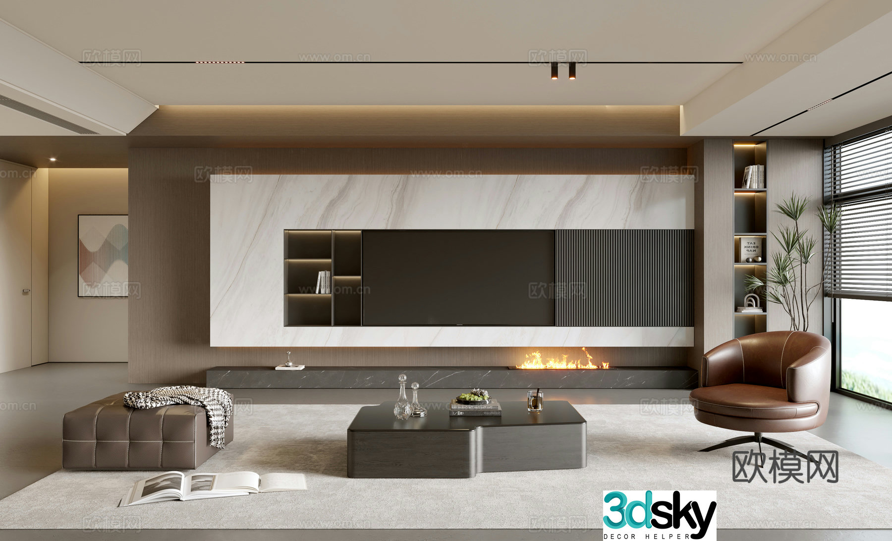 Modern simple living room light luxury sofa coffee table combination sofa background wall villa living room 3D model