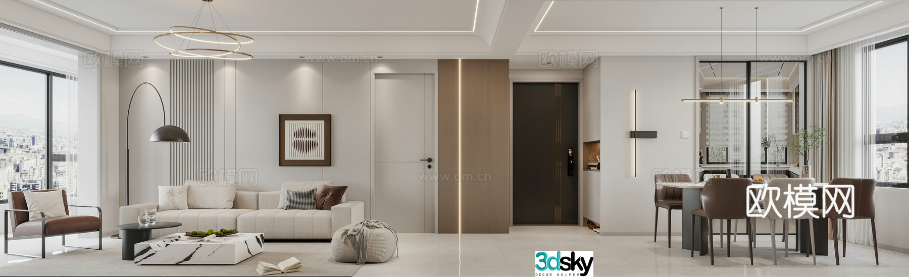 Modern living and dining room 3d model