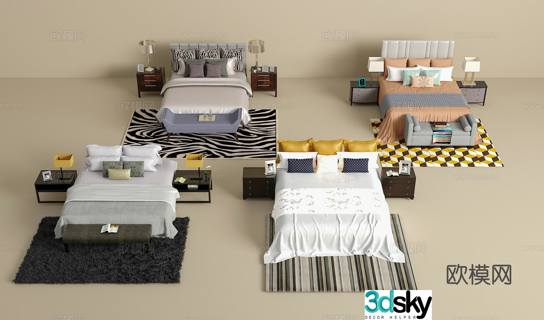 Double bed combination bedside table jewelry ornaments desk lamp carpet pillow 3D model