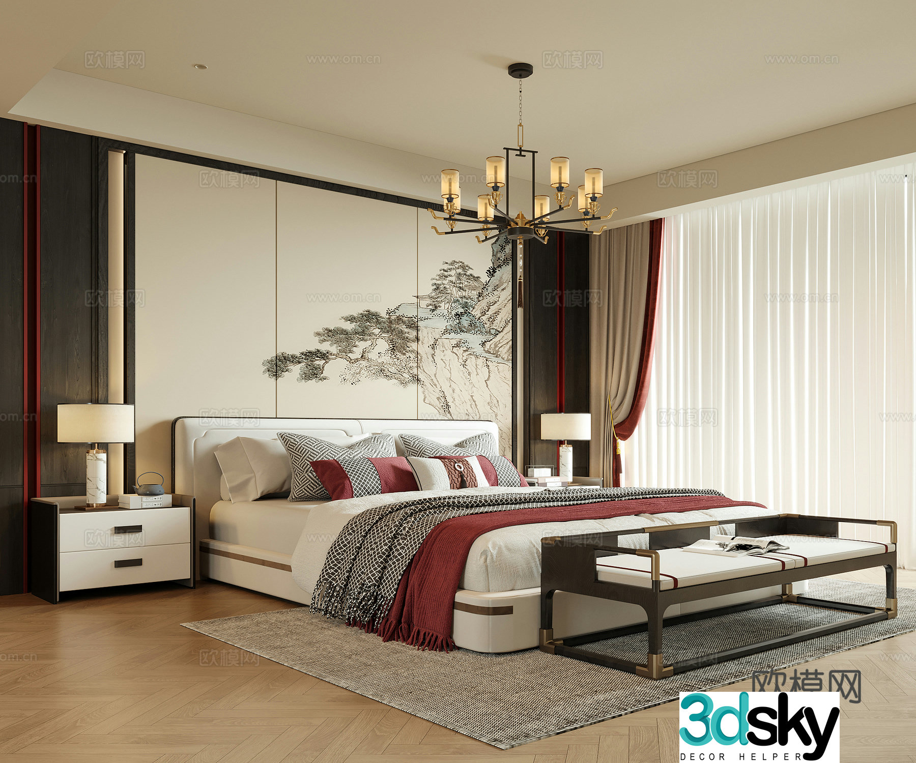 New Chinese style bedroom double bed bed tail stool bedside table bedroom chandeliers 3D model