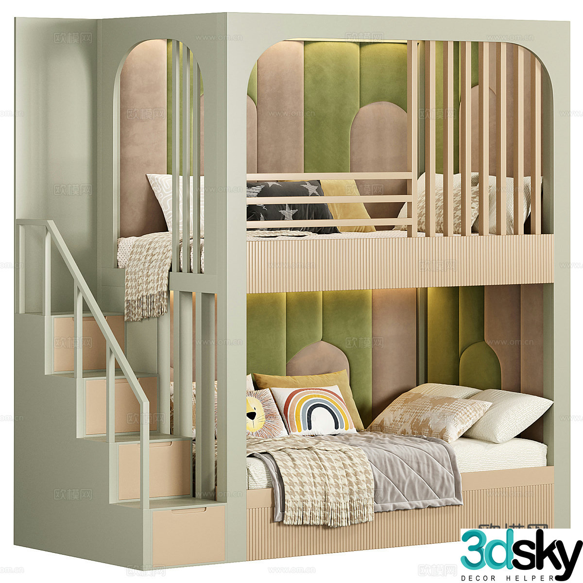 Modern cream style children’s high and low bed 3d model