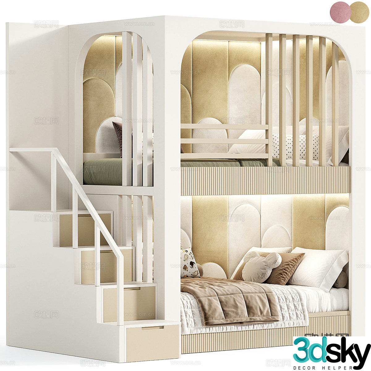Modern cream style children’s high and low bed 3d model