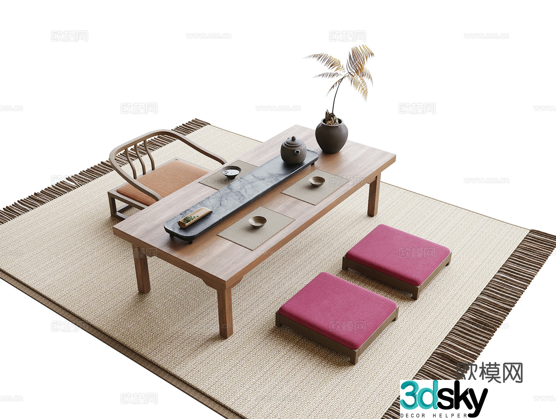 Modern tatami tea table and chairs Tea table and tea set Tea chair 3d model