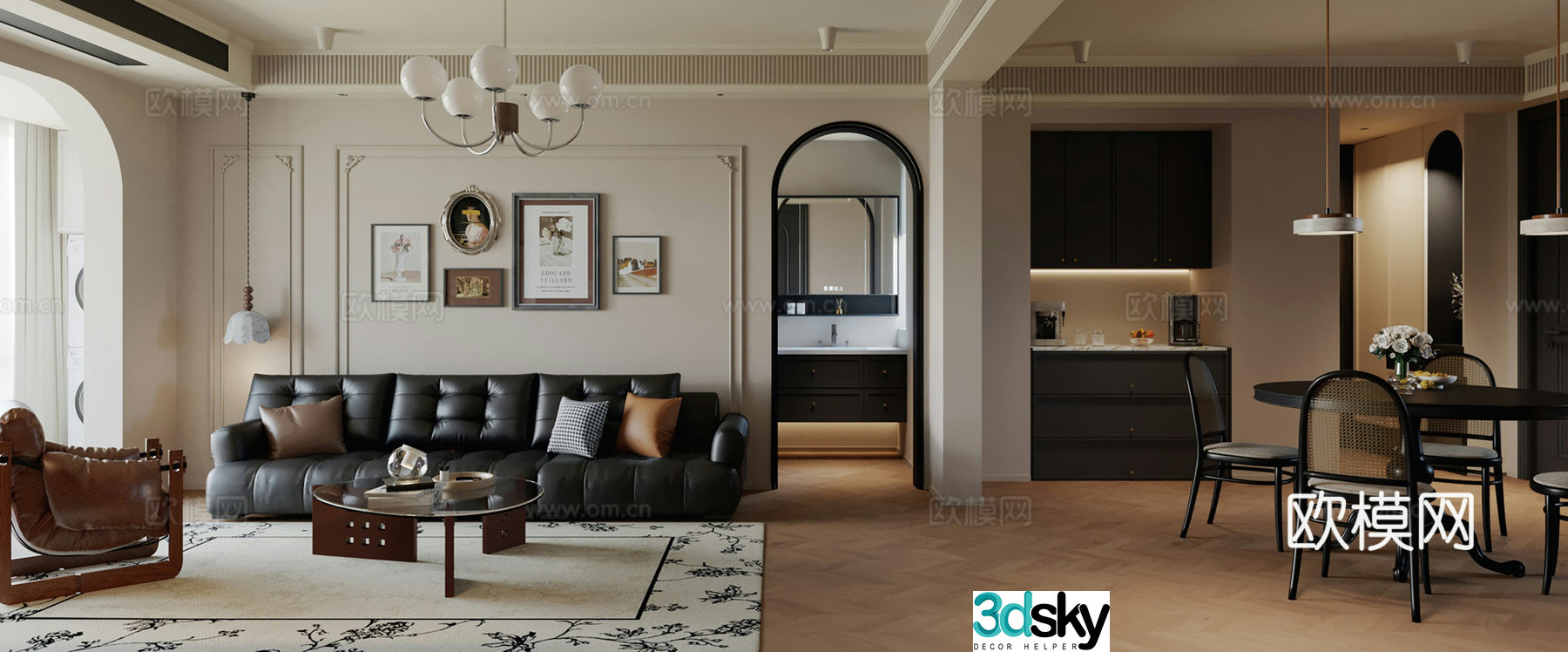 French retro living and dining room 3d model