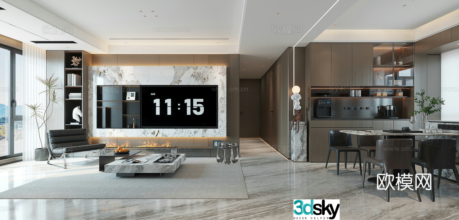 Modern Italian minimalist living and dining room 3d model 3d model