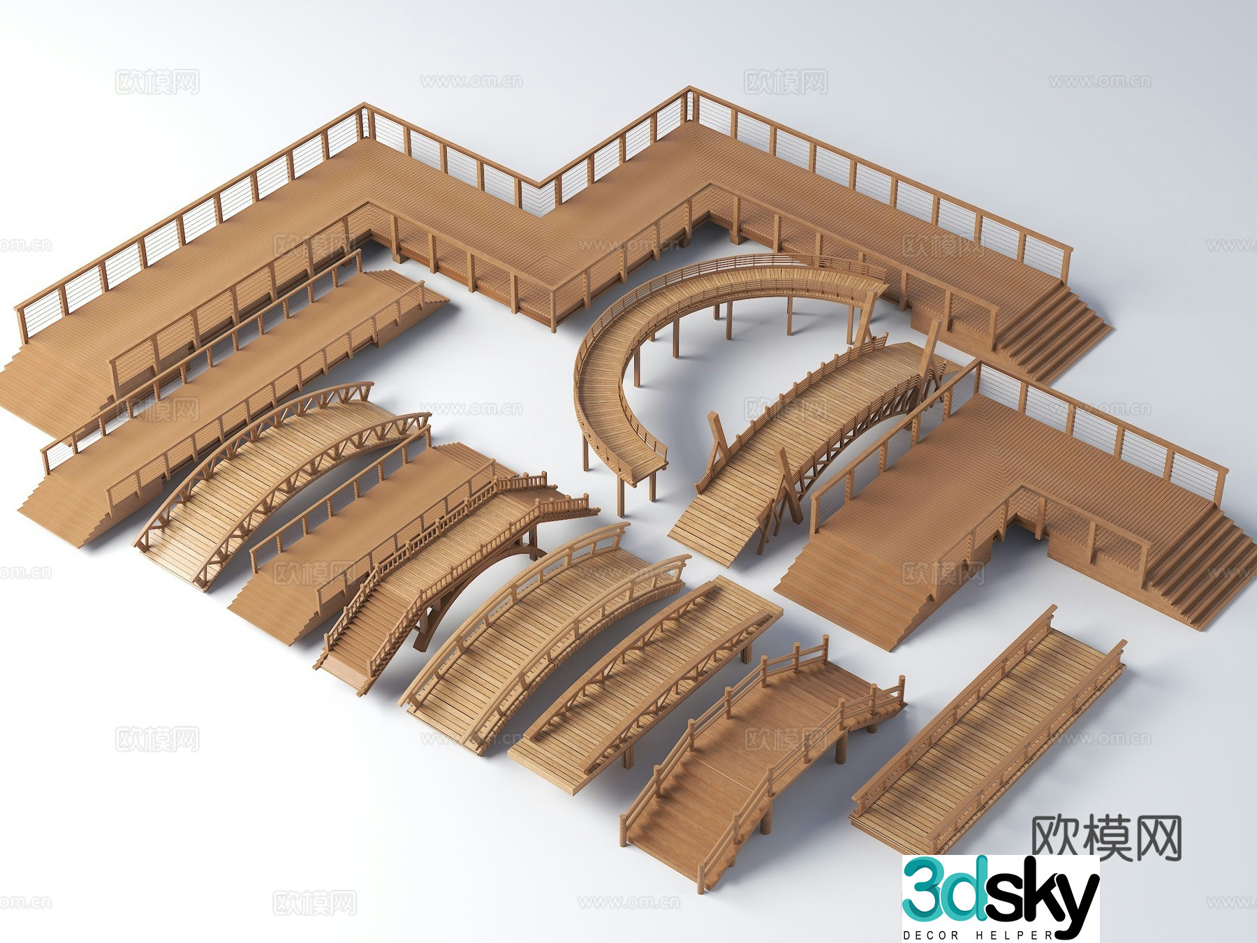 Modern wooden bridge Landscape wooden bridge Plank road wooden bridge Park wooden bridge Small arch bridge Wooden arch bridge Wooden flat 3D model
