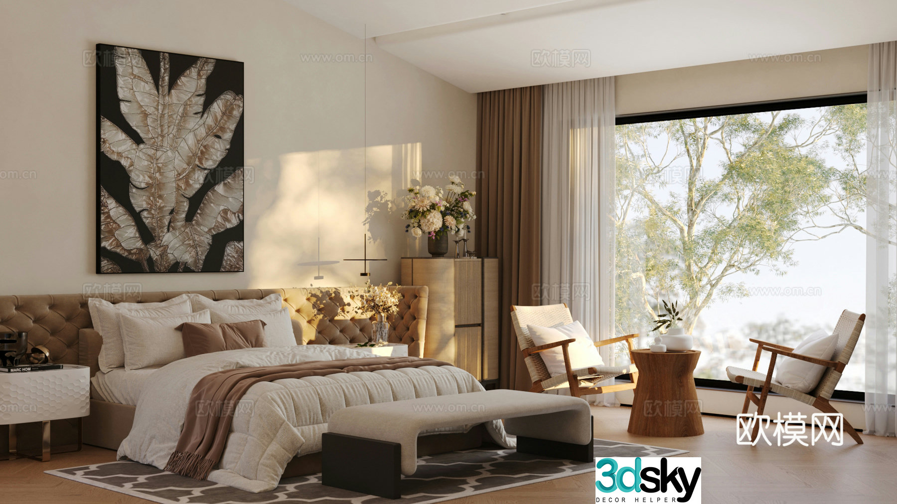 Modern Italian home bedroom Italian light luxury home bedroom Italian backrest double bed without owner light 3D model