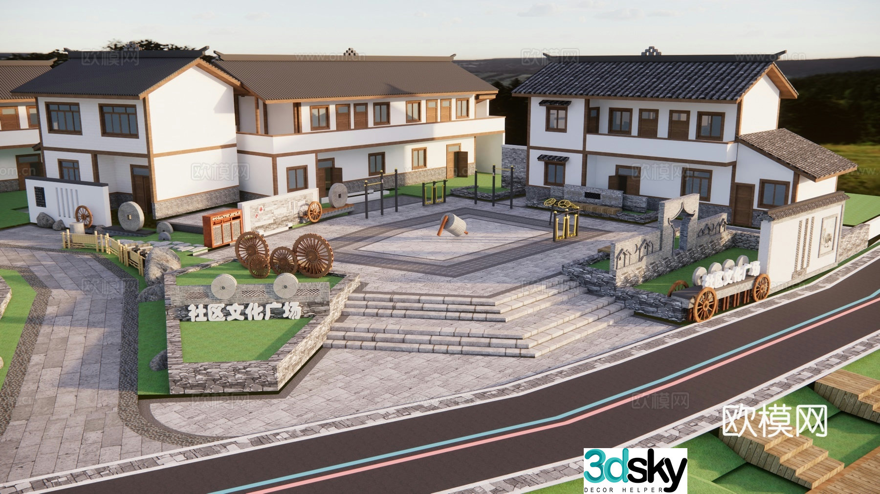 Modern community cultural square beautiful rural square landscape rural culture construction fitness center 3D model