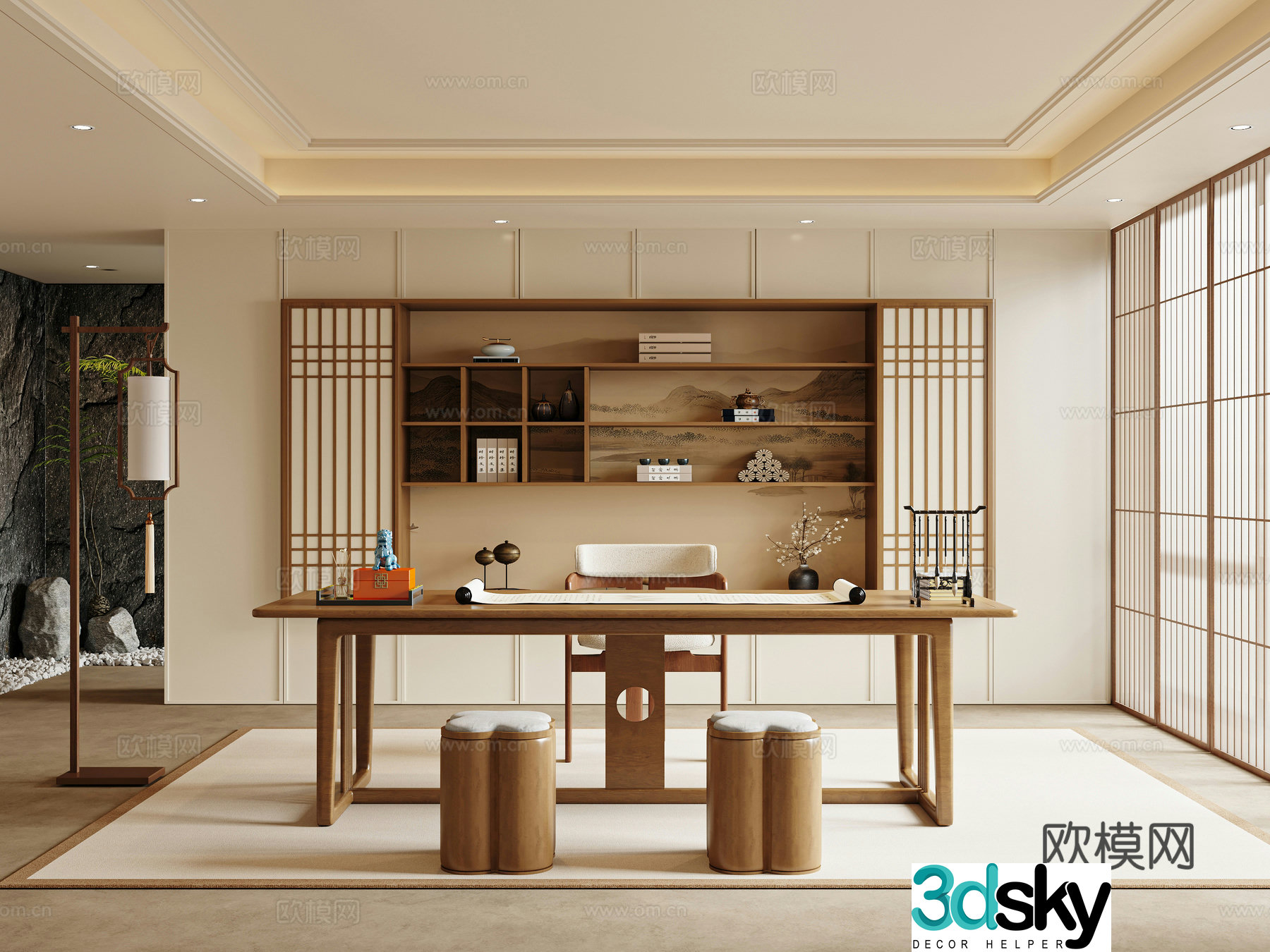 New Chinese style study Song’s study desk and chair bookcase 3D model