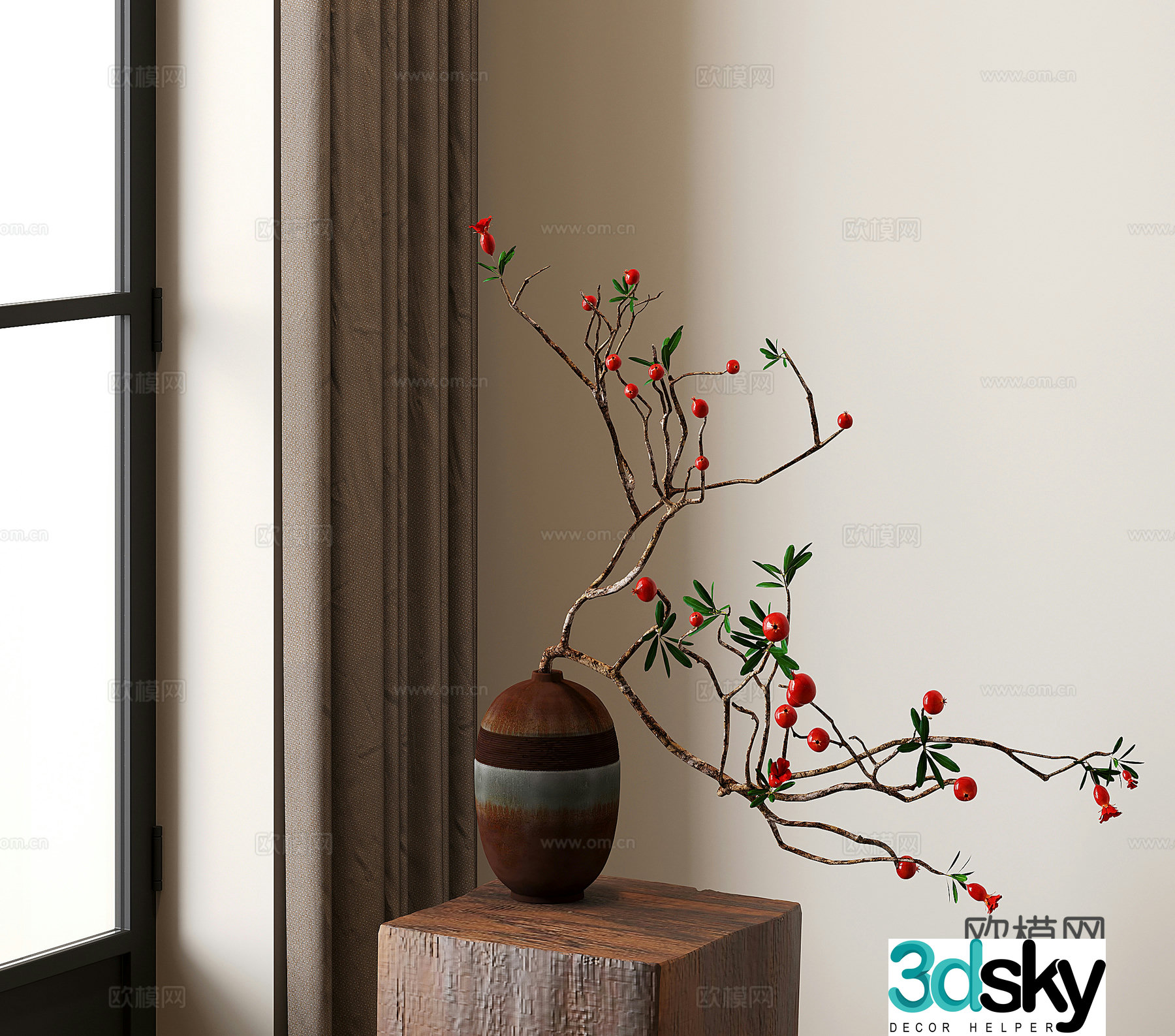 Mediterranean vase flower art stems and branches pomegranate dried fruit 3D model