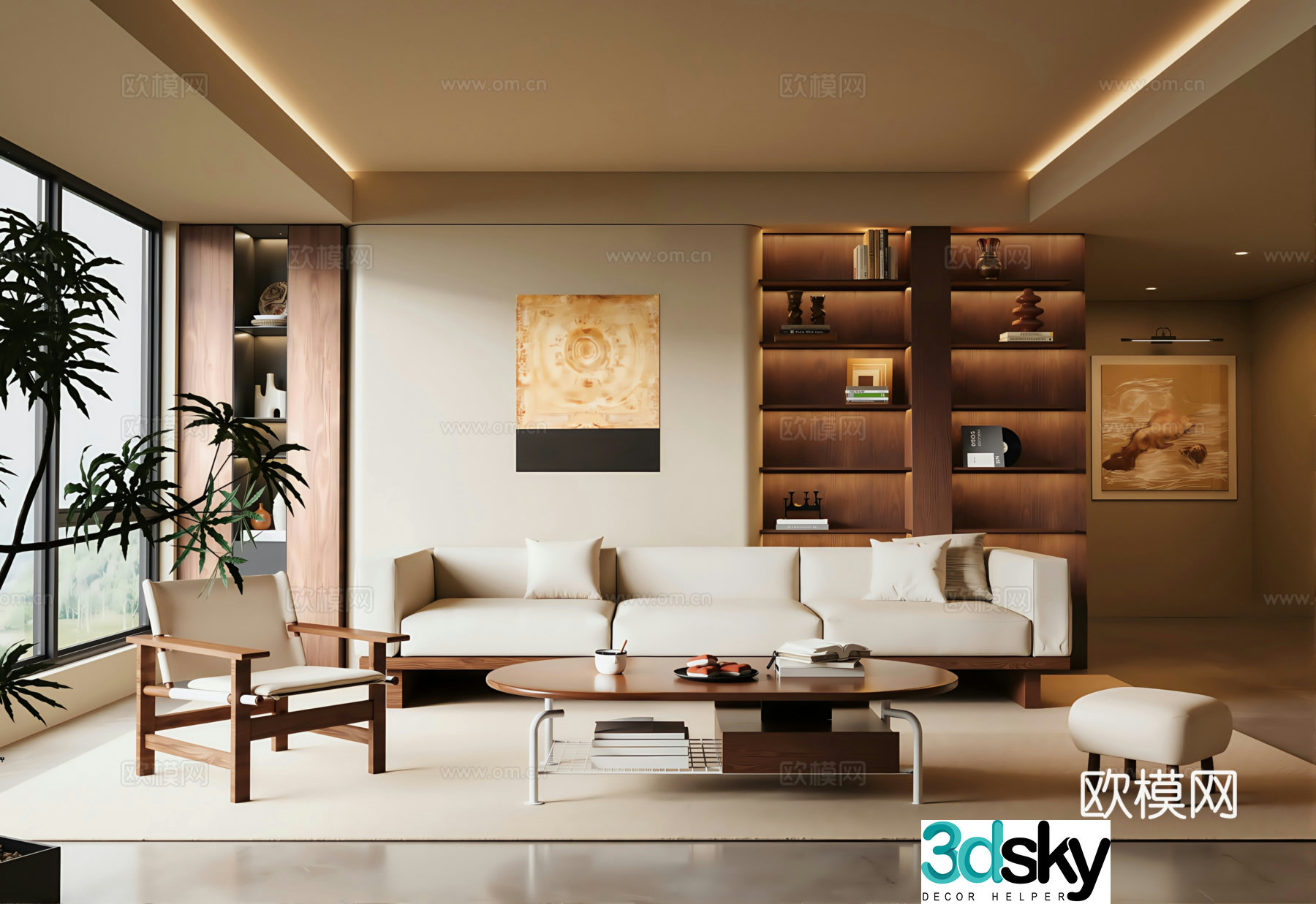 Middle style living room sofa background wall decorative cabinet decorative painting sofa coffee table combination 3D model