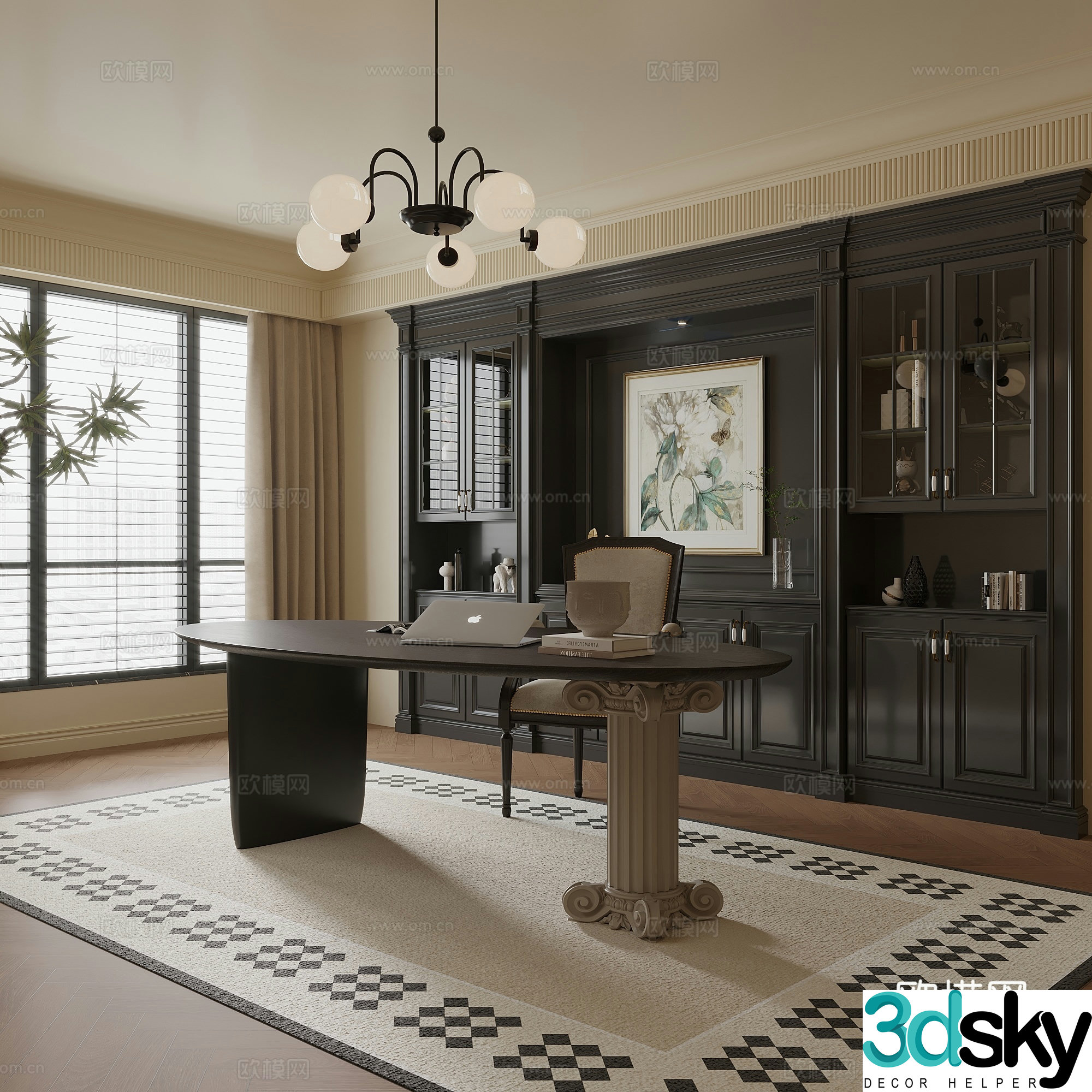 French study desk and chair bookcase 3d model