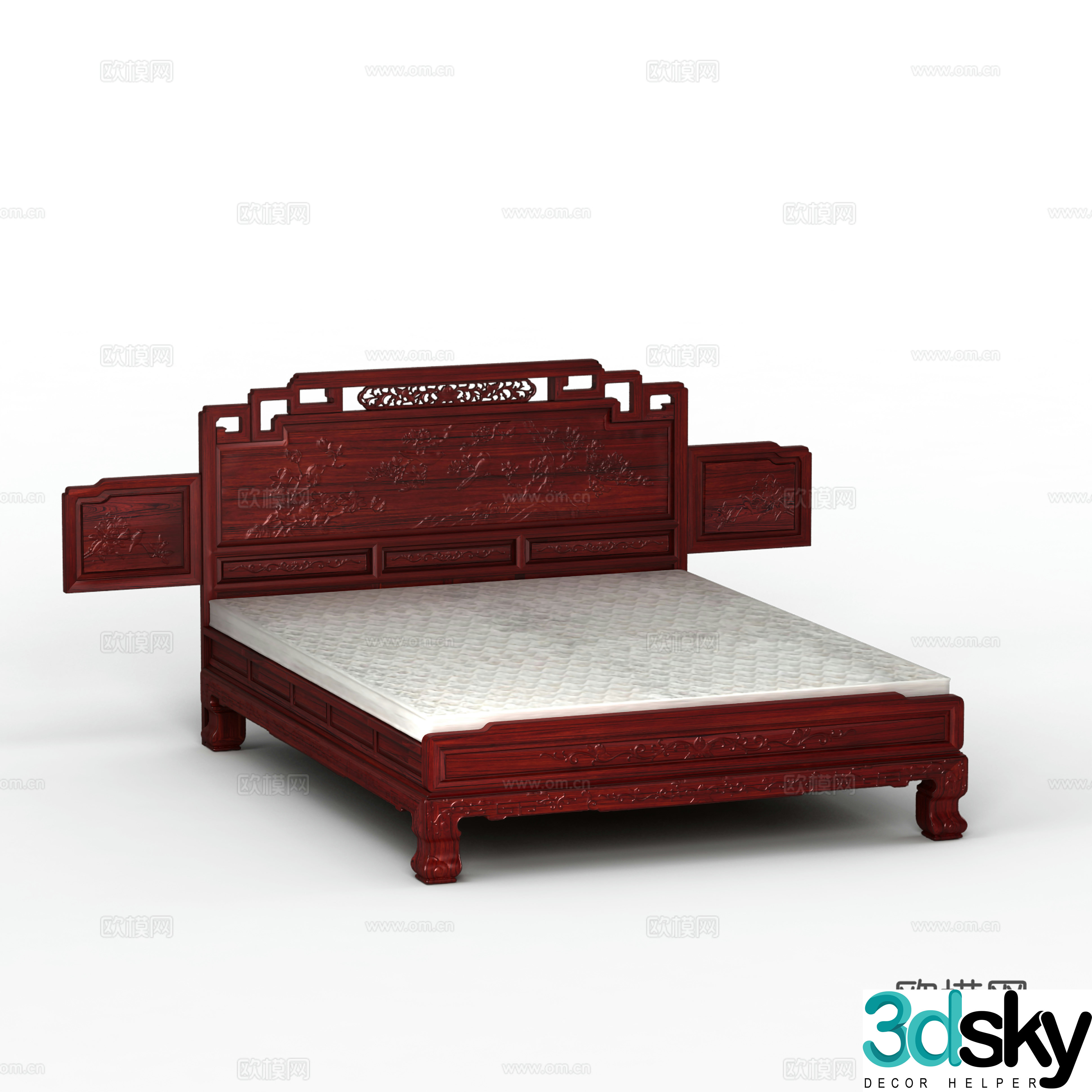 Chinese double bed carved bed head solid wood mahogany 3D model
