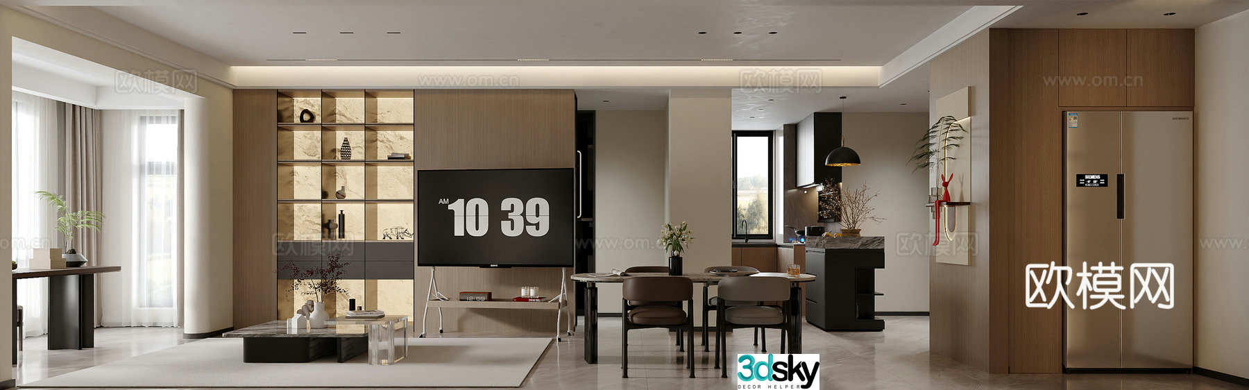 Modern Italian light luxury living and dining room kitchen 3D model