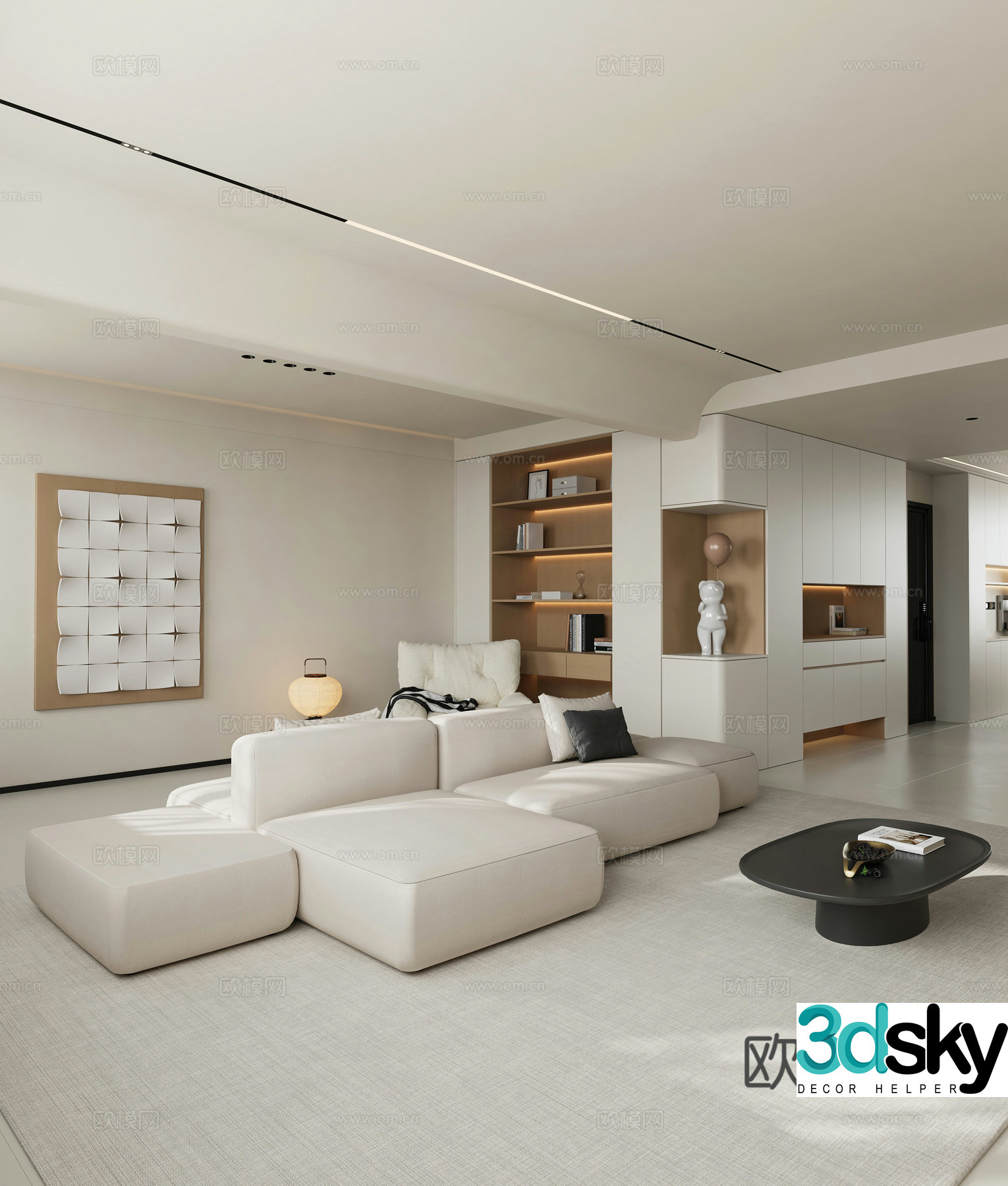 Creamy living room casual sofa combination sofa wine cabinet ornaments decoration modern living room 3d model