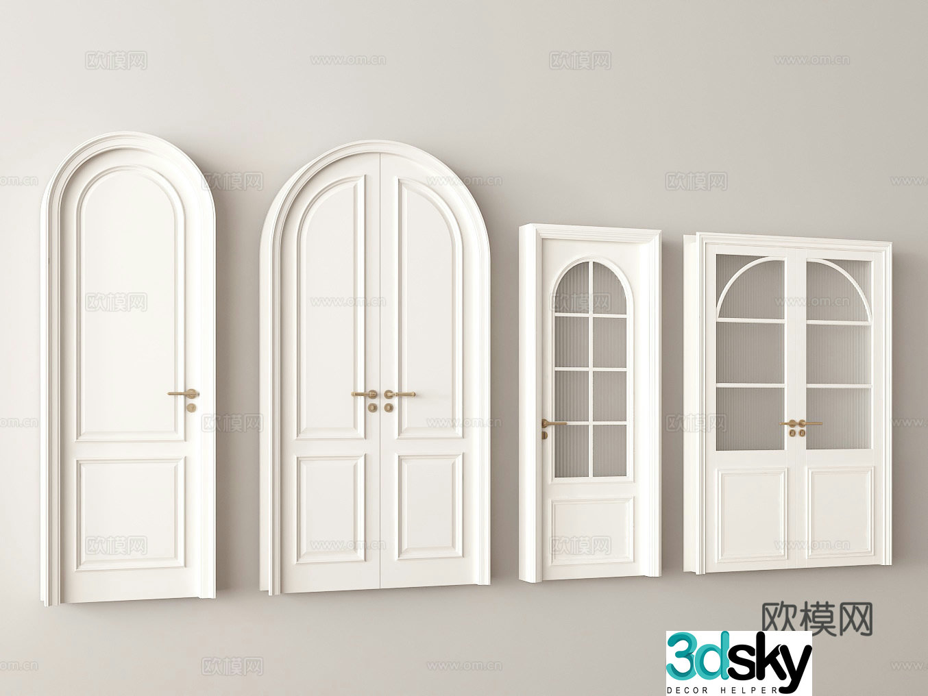European style white arched door metal handle door glass door elements interior door design home decoration 3D model
