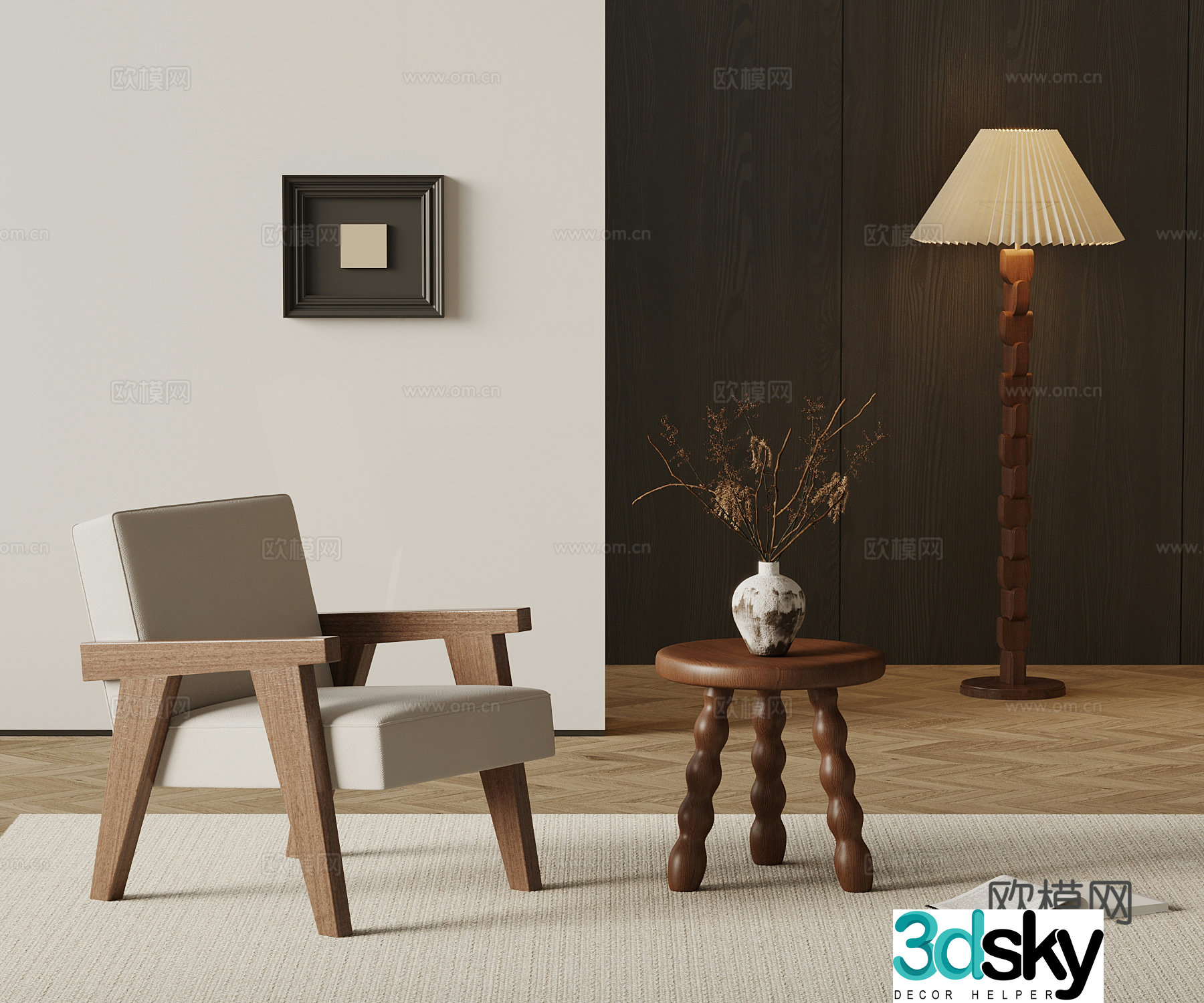 Medium style leisure chair side table floor lamp 3d model