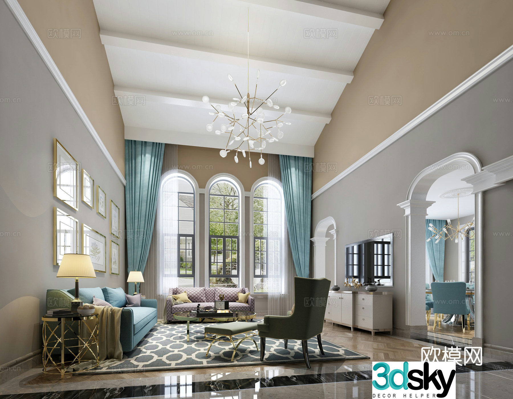 Simple European living room sofa coffee table carpet chandeliers ornaments TV cabinet TV back 3D model