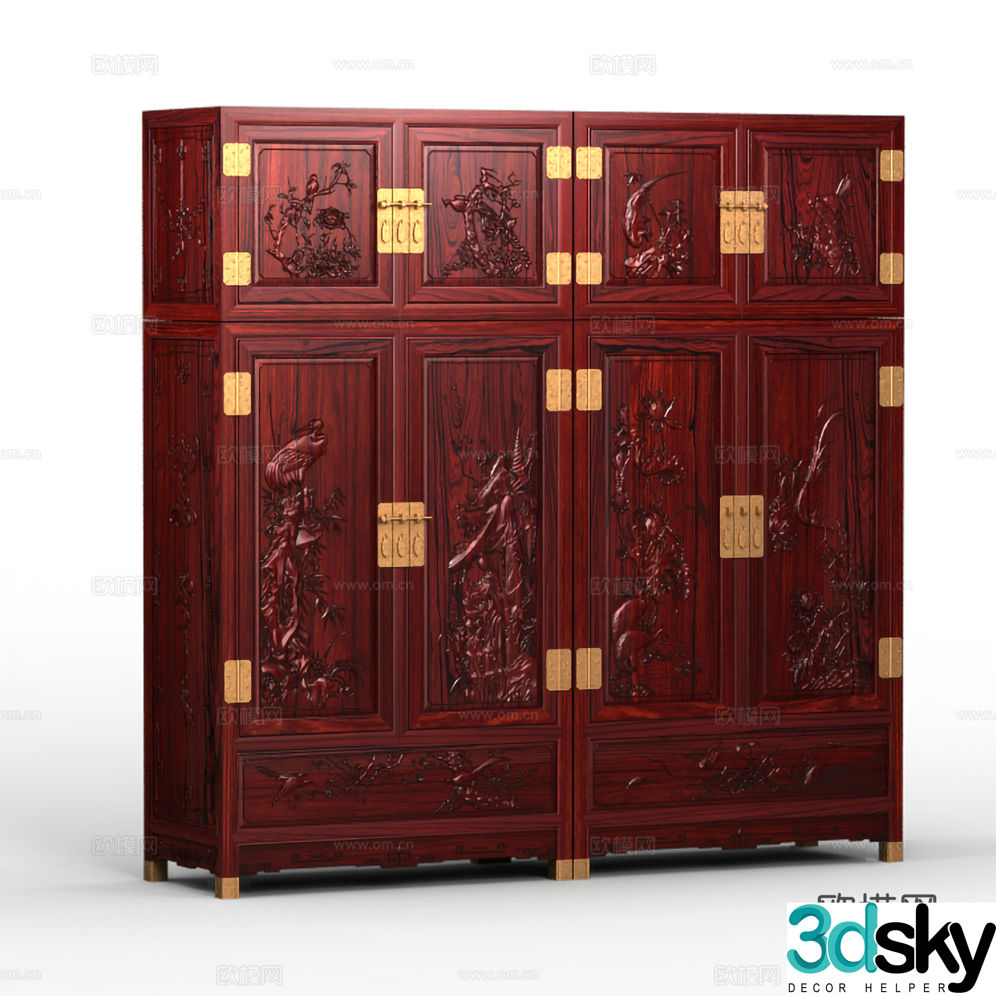 Chinese wardrobe box cabinet carved cabinet door solid wood mahogany 3D model