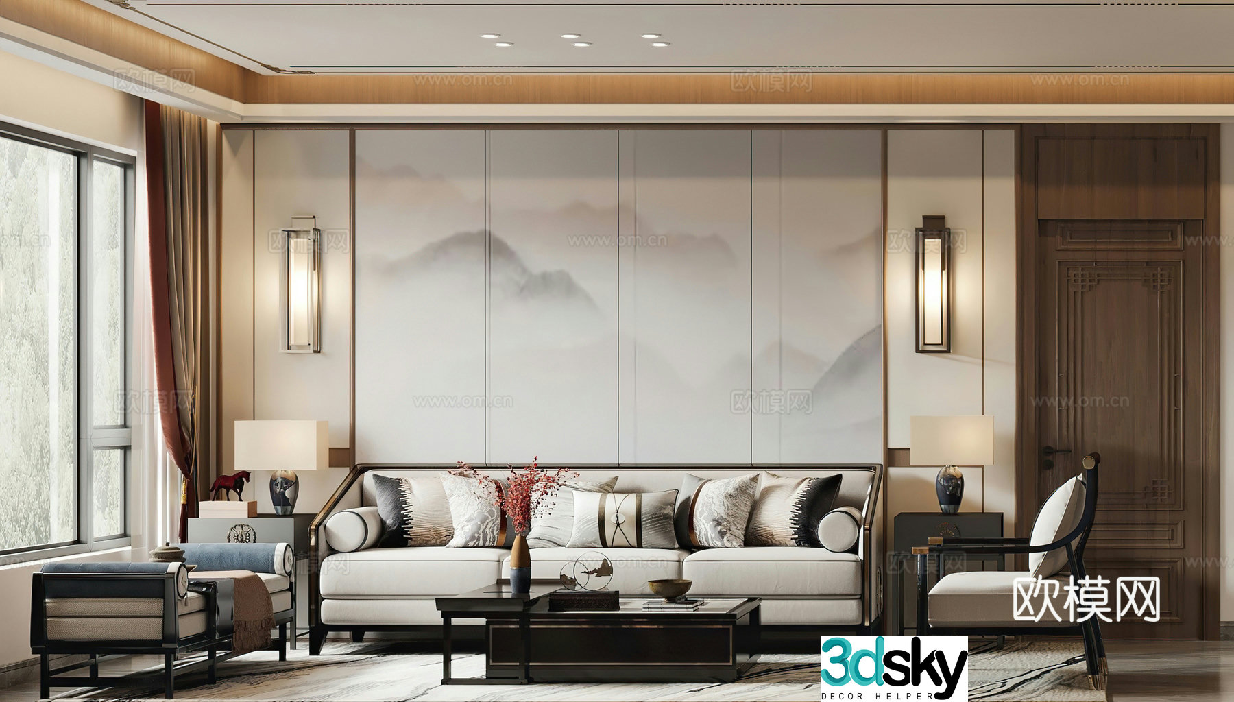 New Chinese living room combination sofa end view opposite view wall ornament decoration living and dining room 3D model