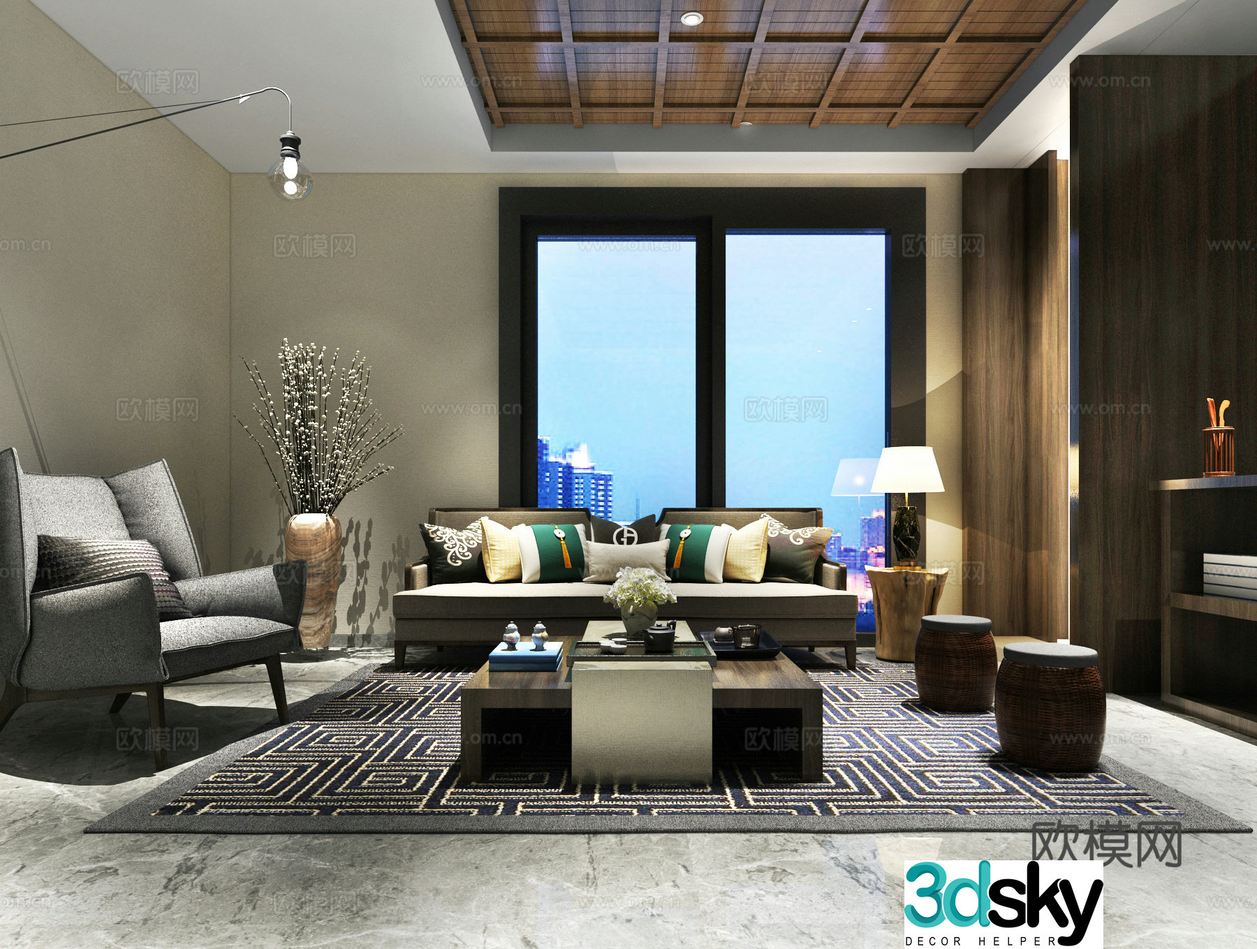 New Chinese living room combination sofa three-person sofa leisure chair vase decoration 3D model