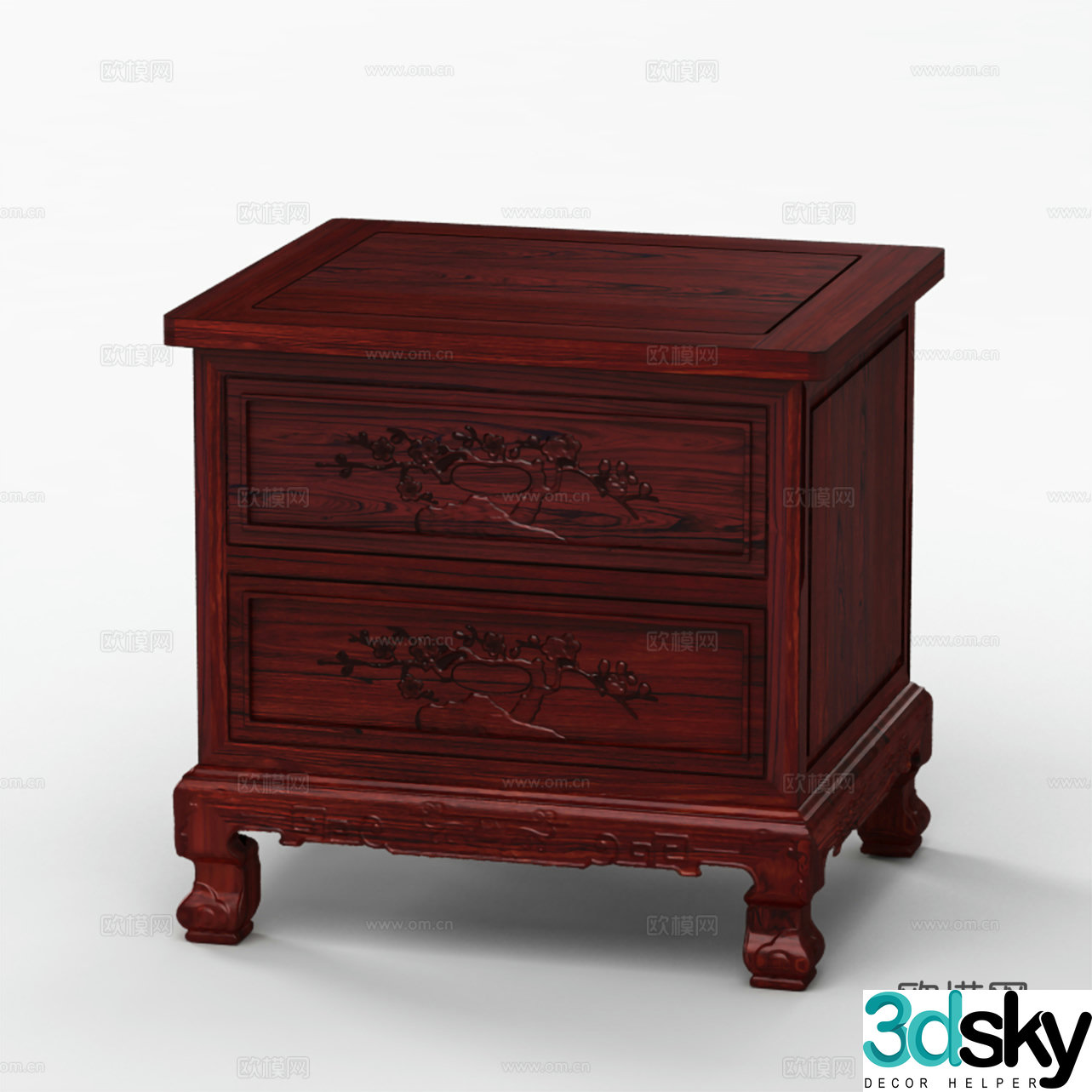 Chinese style bedside table carved cabinet door solid wood mahogany 3D model
