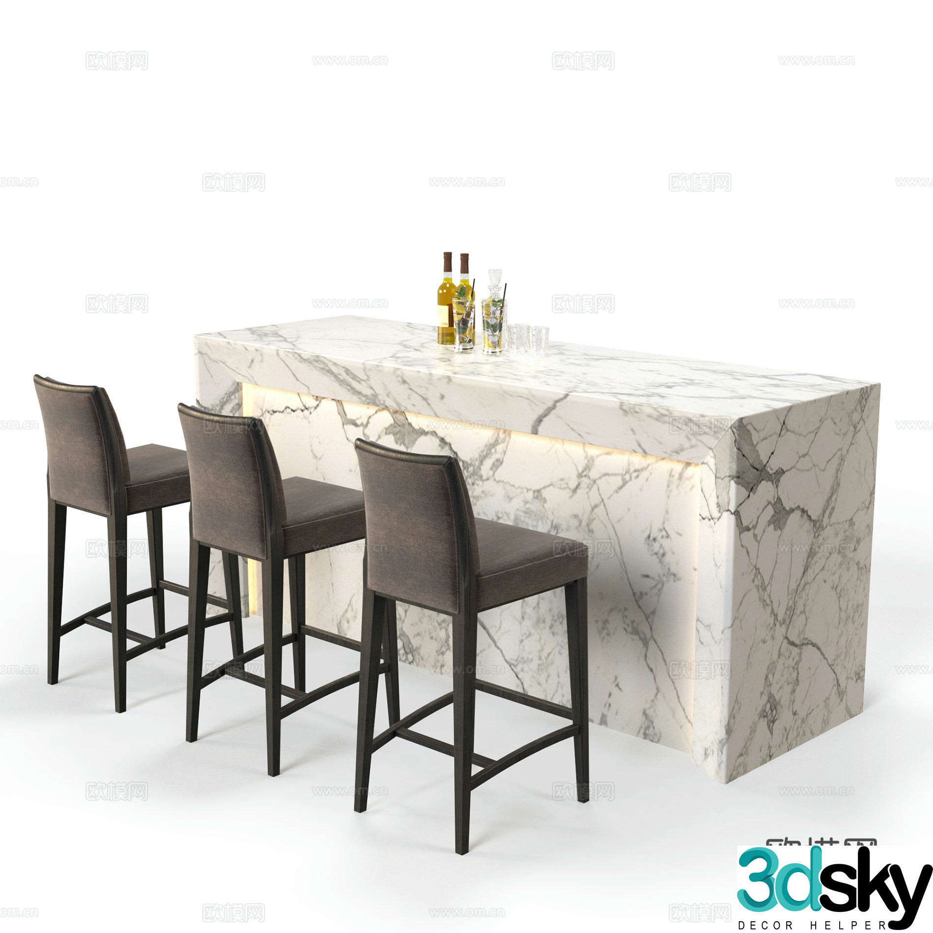 Modern aesthetic Bar counter Bar combination Bar chair combination Marble bar counter high chair 3D model