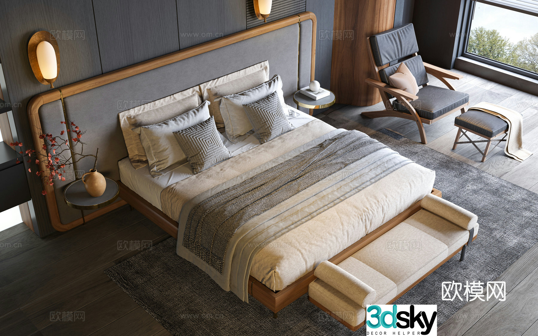 Wasabi Middle Ages Double Bed Solid Wood Double Bed Bedroom Bed Hotel Bedroom Hotel Double Bedroom Middle Ages 3D Model