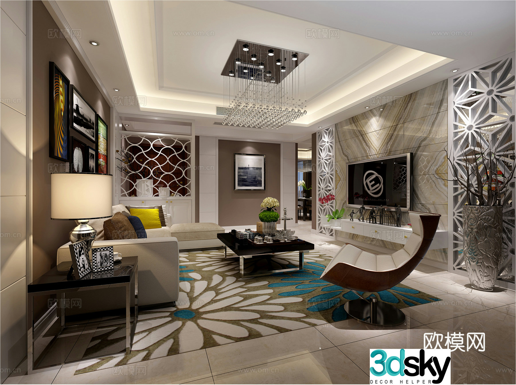 Simple and modern living room sofa coffee table carpet chandeliers ornaments TV cabinet electric 3D model
