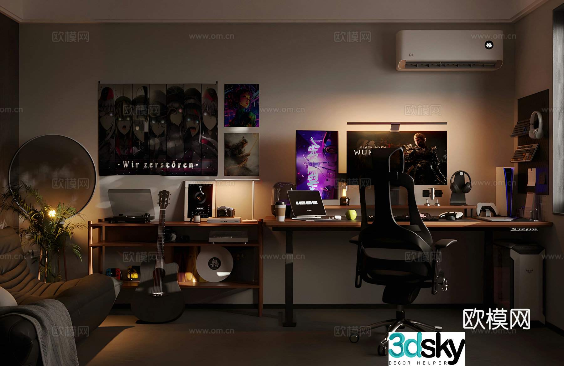 Modern e-sports room e-sports room computer room desktop computer desktop screen e-sports chair leisure chair 3d model