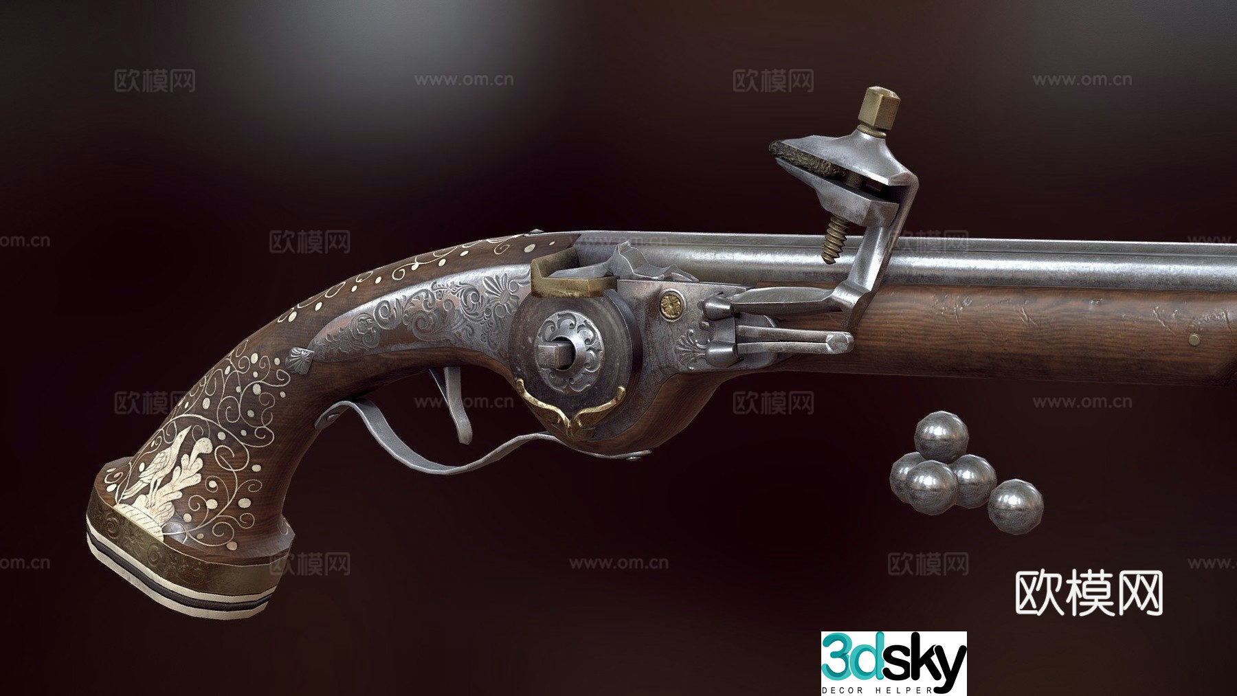 Authentic 17th century wheel lock pistol 3d model
