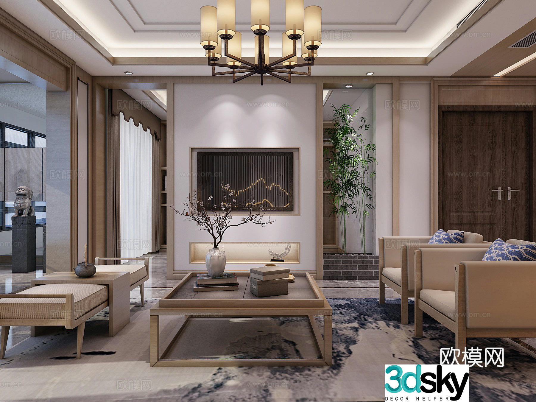 New Chinese style living and dining table chair sofa coffee table chandeliers desktop ornaments 3D model of hanging paintings