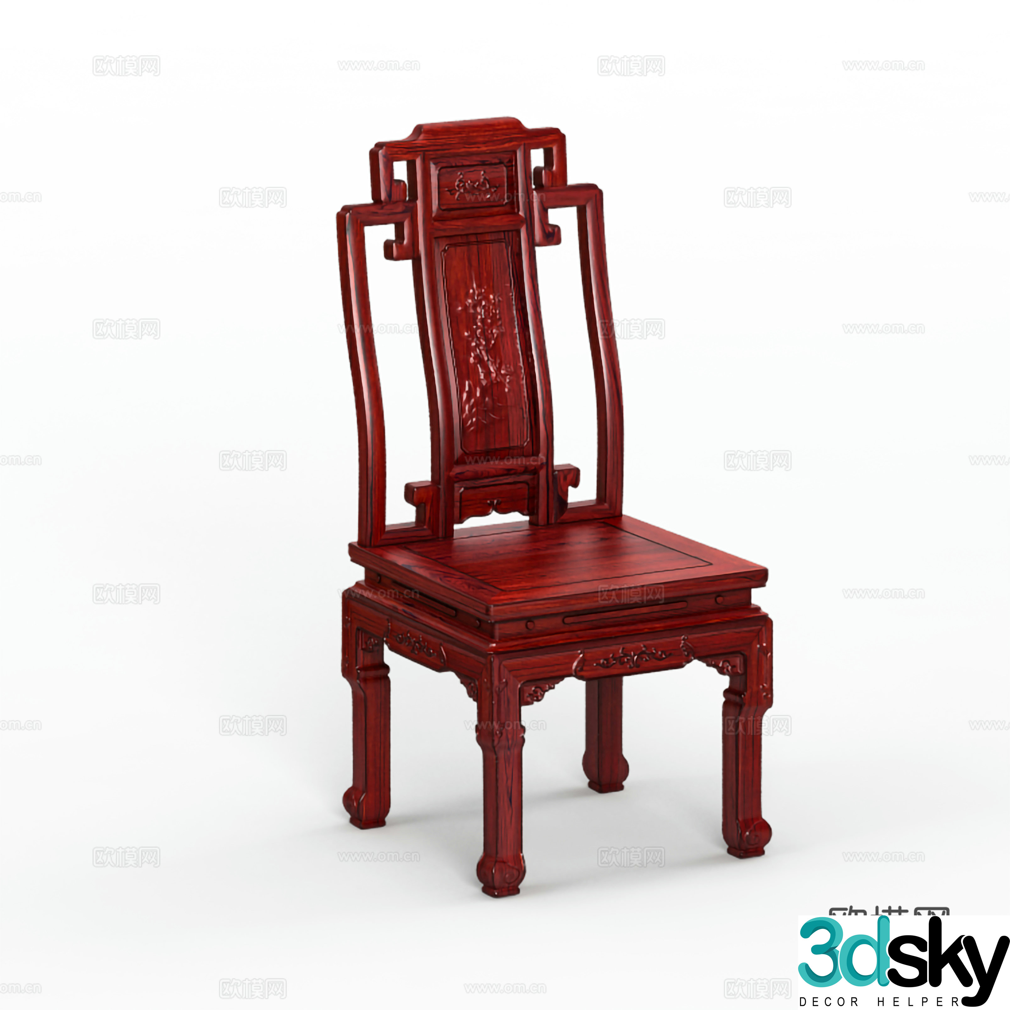 Chinese dining chair carved solid wood mahogany 3D model
