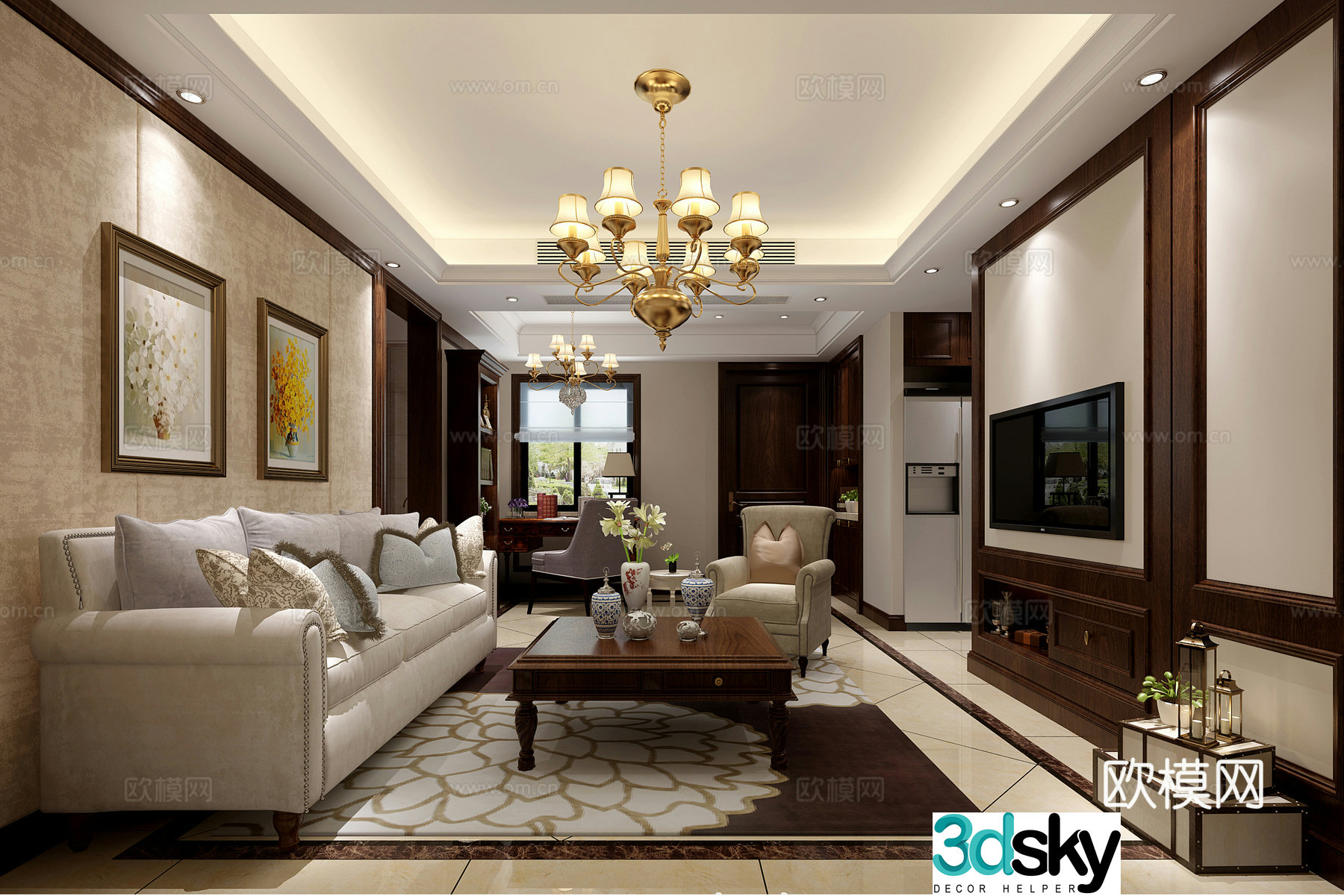 Simple American living and dining room sofa coffee table carpet chandelier ornament TV cabinet electric 3D model