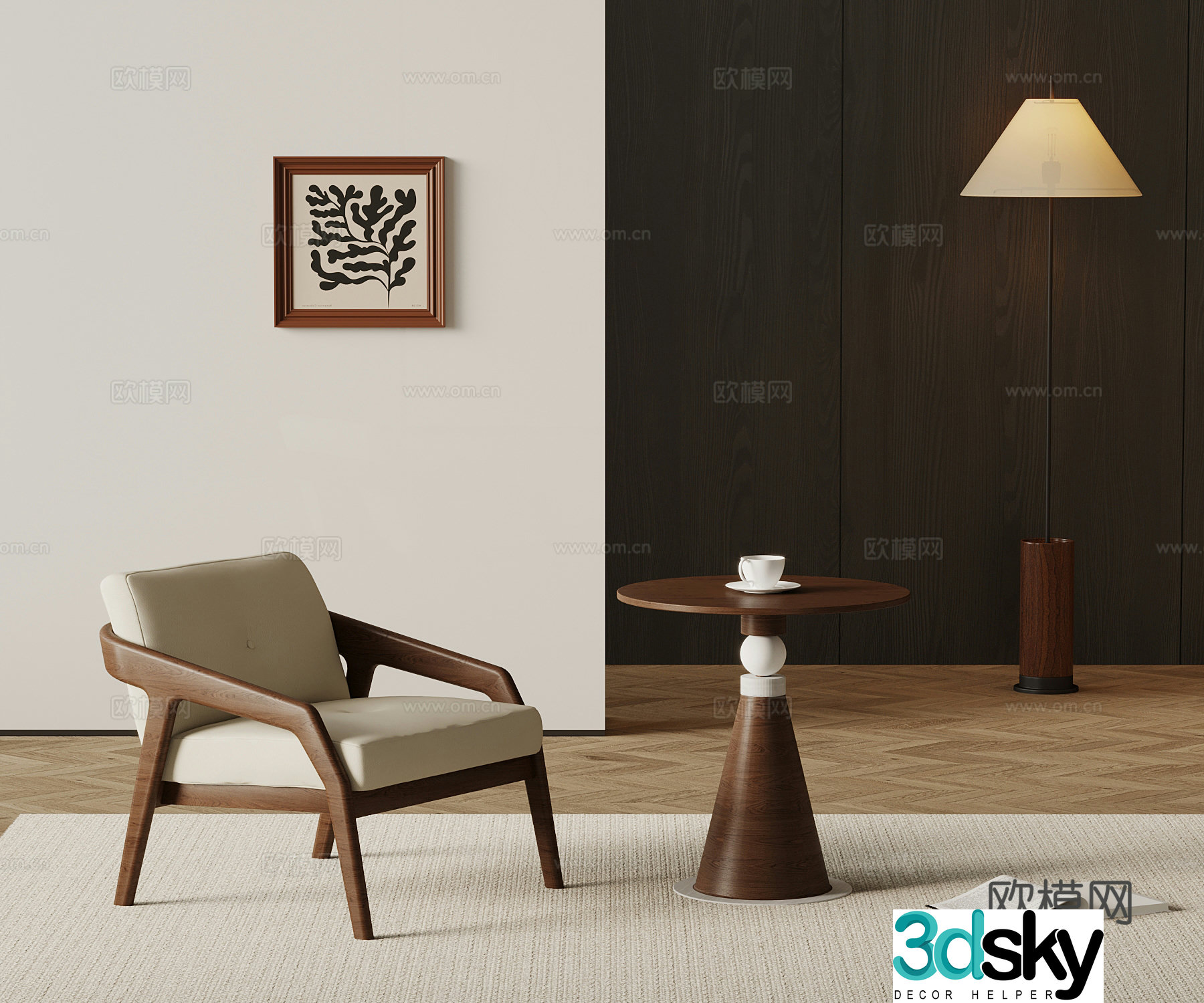Medium style leisure chair side table floor lamp 3d model
