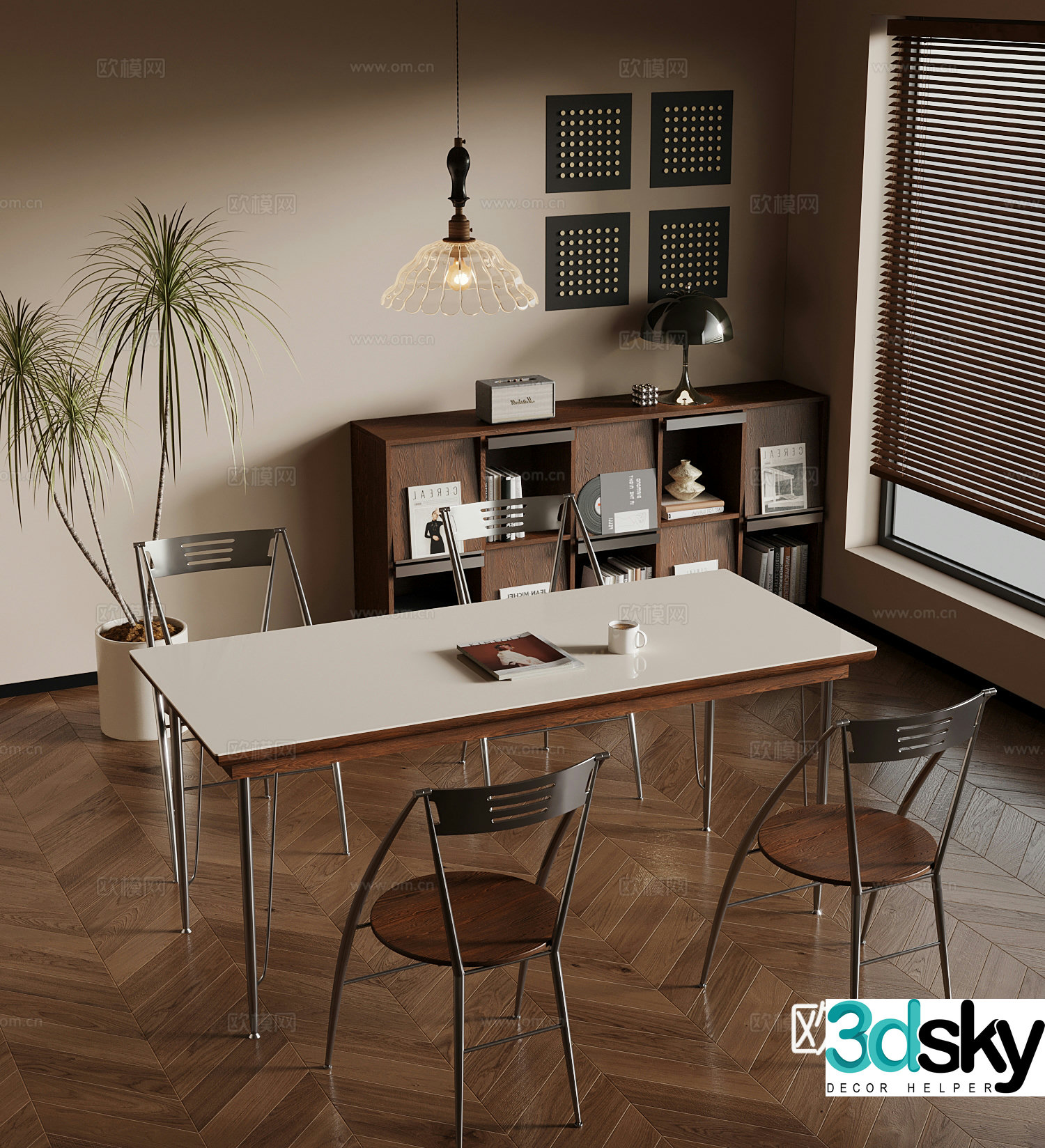 Middle style dining table and chair side cabinet bookcase 3d model