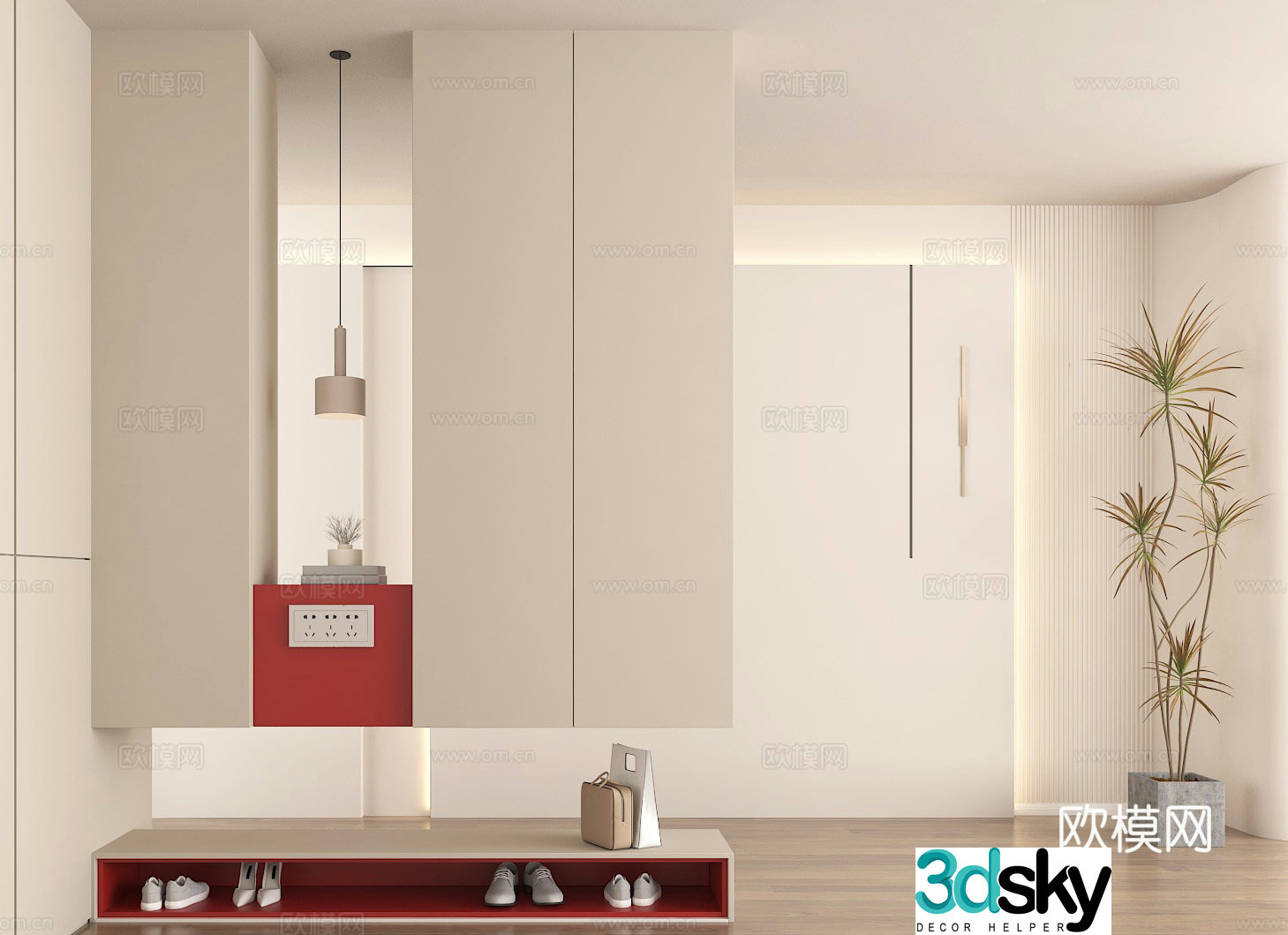 Interior decoration entrance entrance design light-colored space red embellished entrance cabinet green plant decoration 3D model