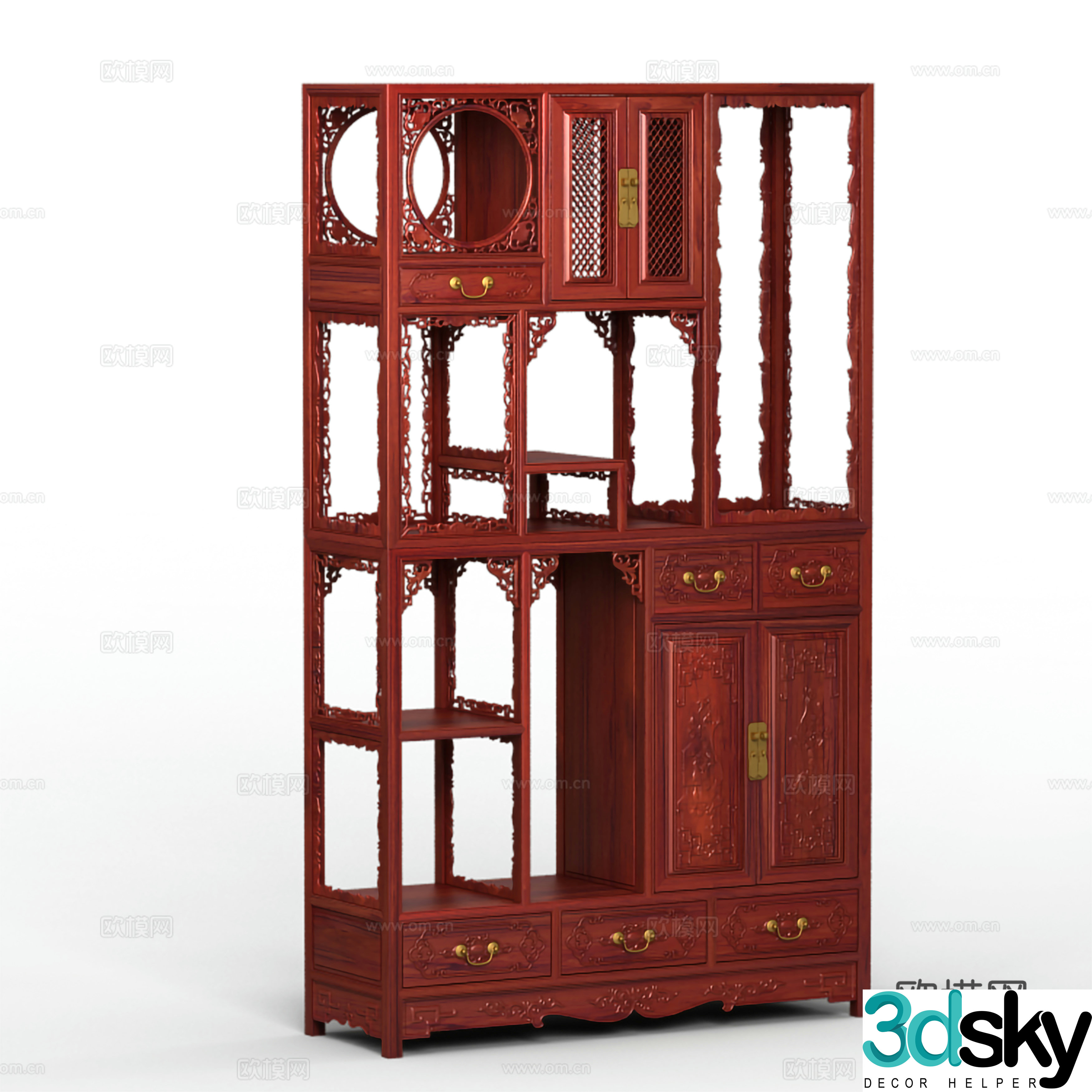 Chinese style ancient shelf carved cabinet door solid wood mahogany 3D model