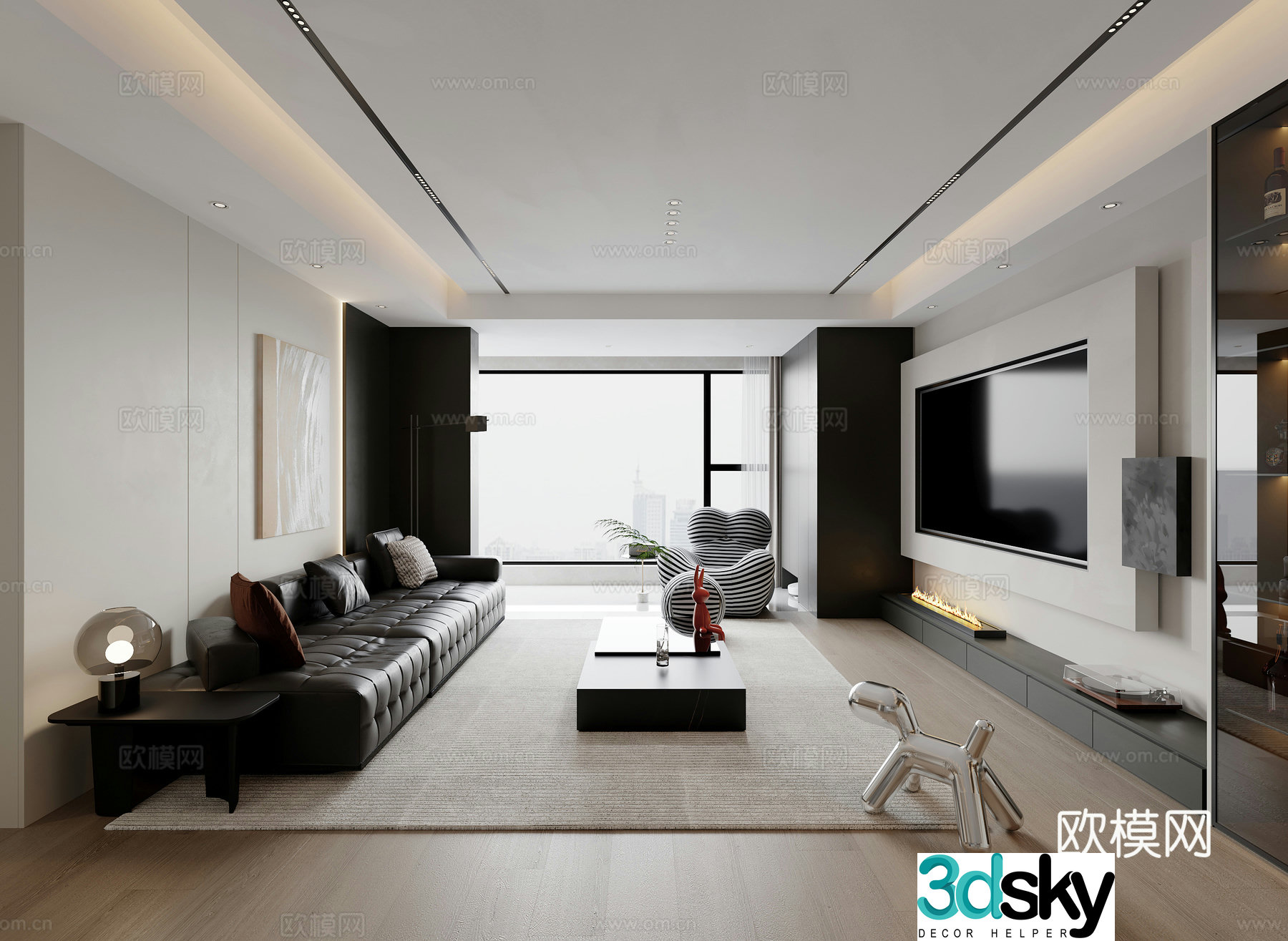 Modern Italian black white and gray living and dining room kitchen 3d model