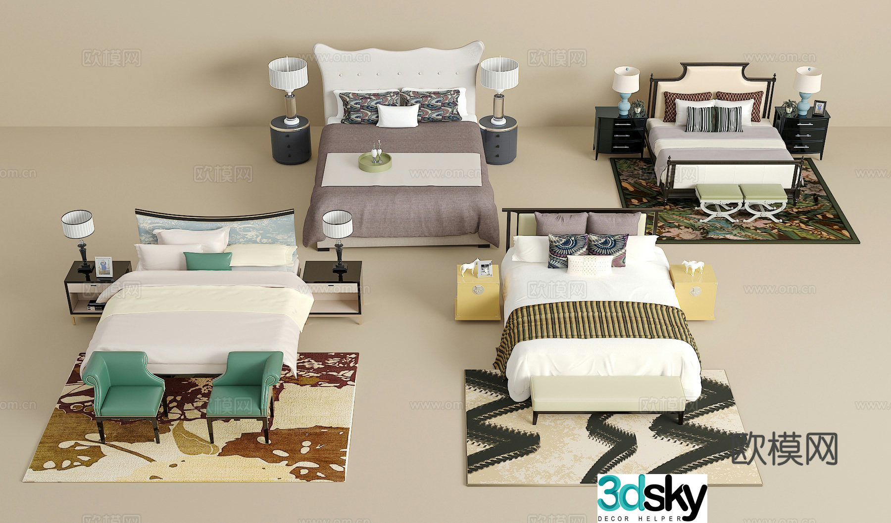 Double bed combination bedside table jewelry ornaments desk lamp carpet pillow 3D model