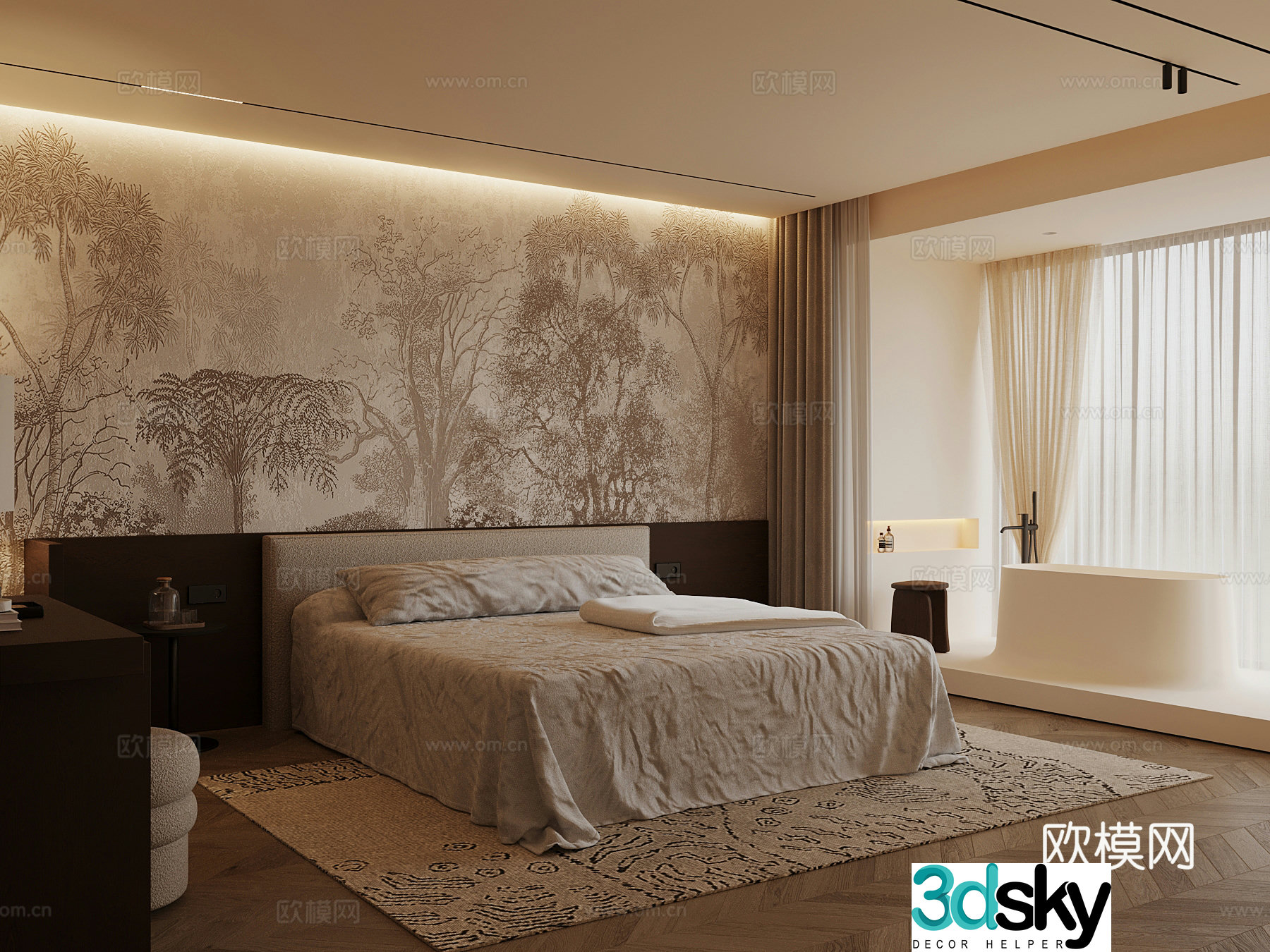 Middle style bedroom double bed 3d model
