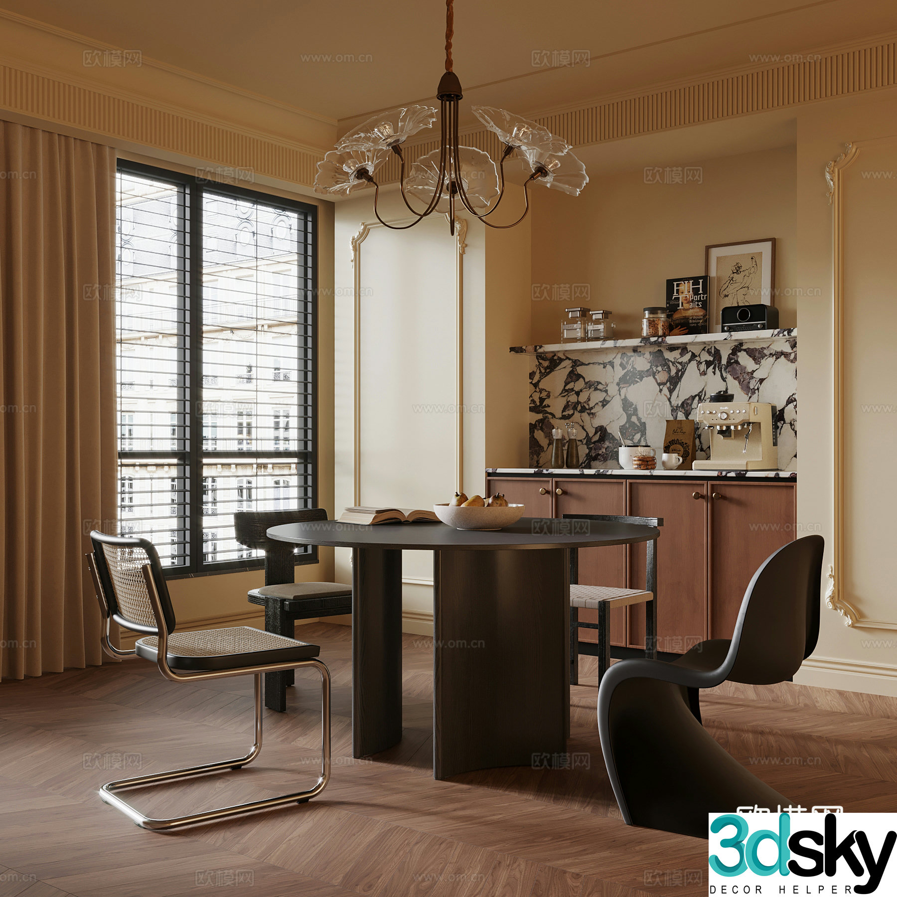 French restaurant dining table and chair chandeliers sideboard 3d model