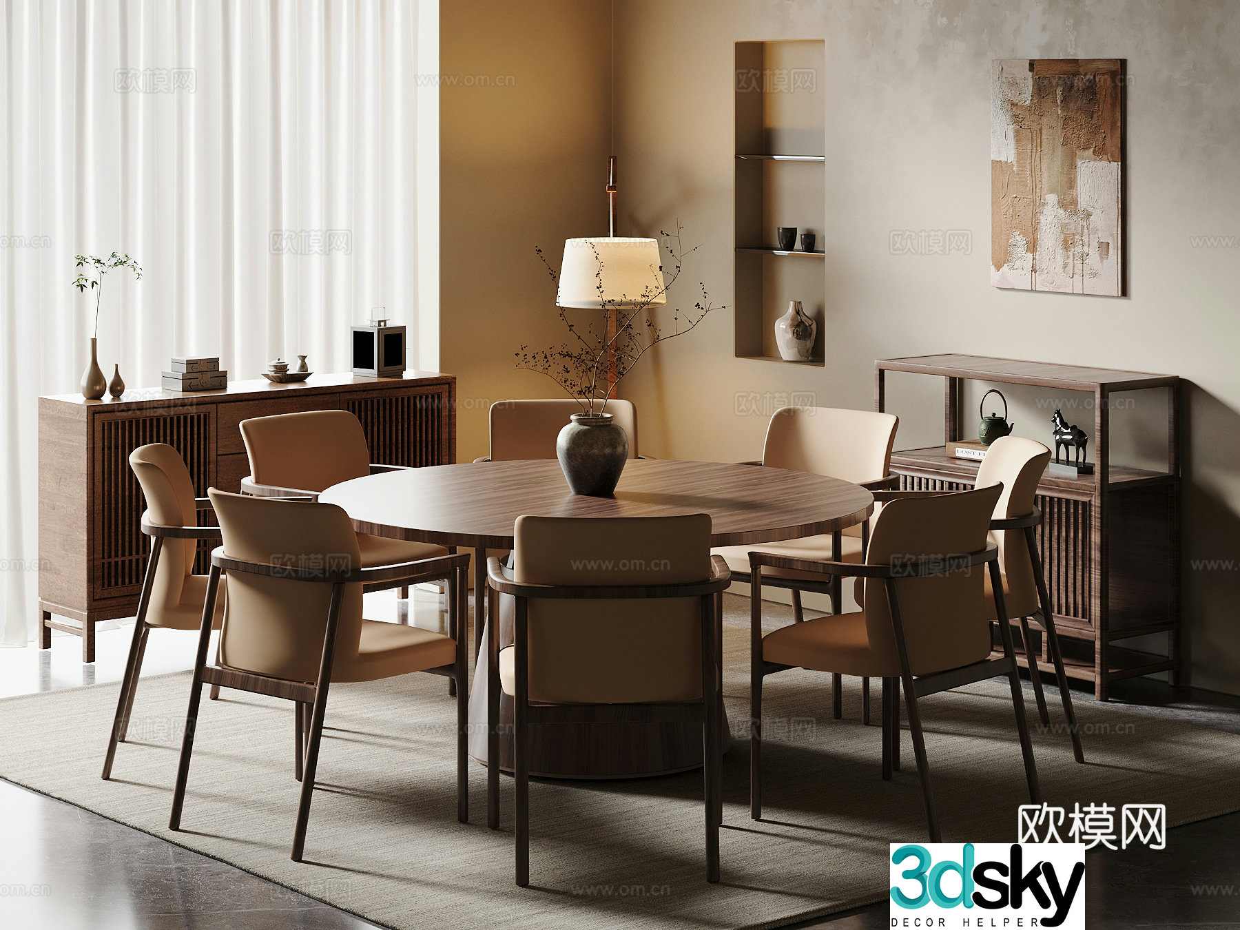 Jijifeng Restaurant Round dining table Sideboard Floor lamp 3D model