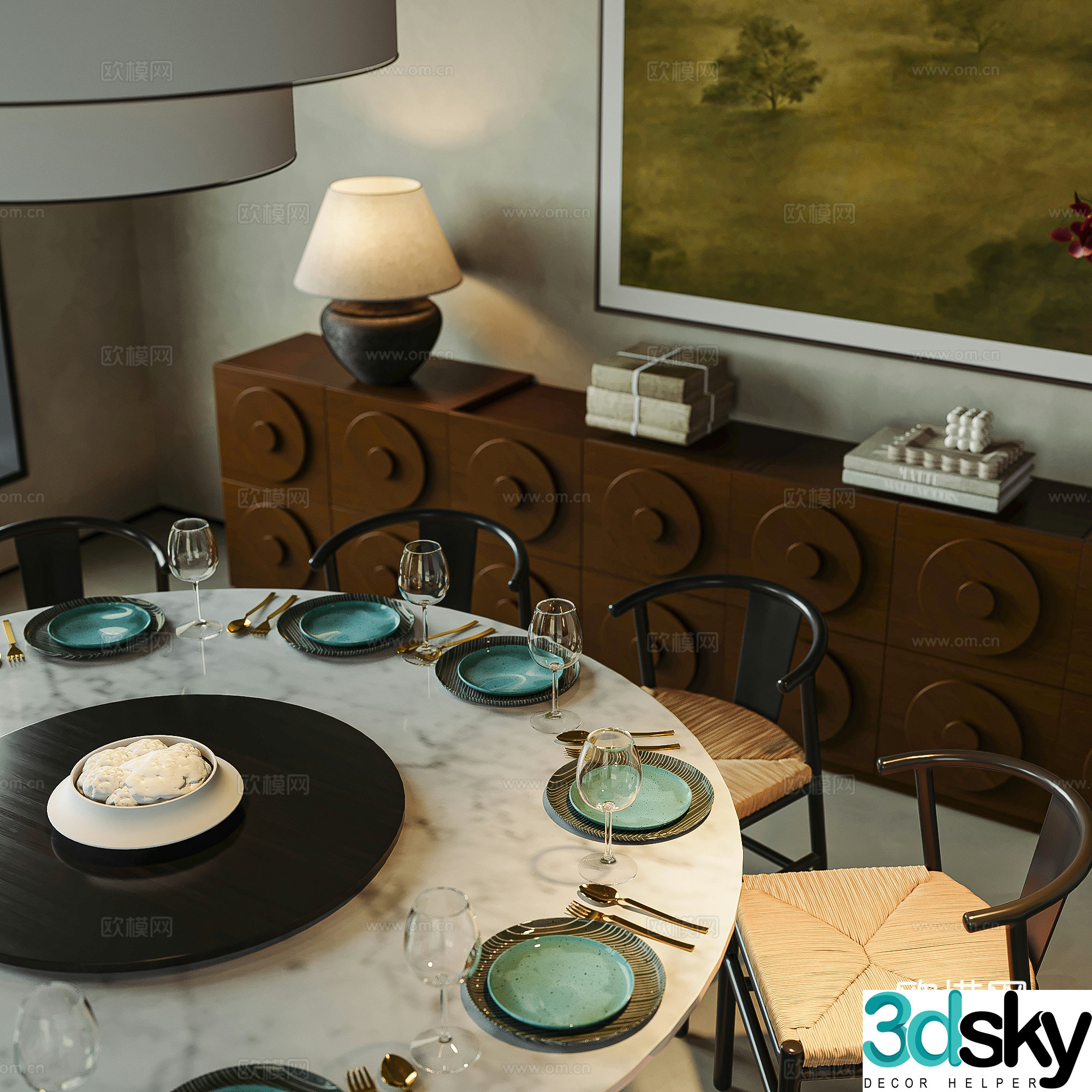 Modern medieval villa restaurant round table restaurant medieval style chest of drawers tea table chair tea cabinet 3d model