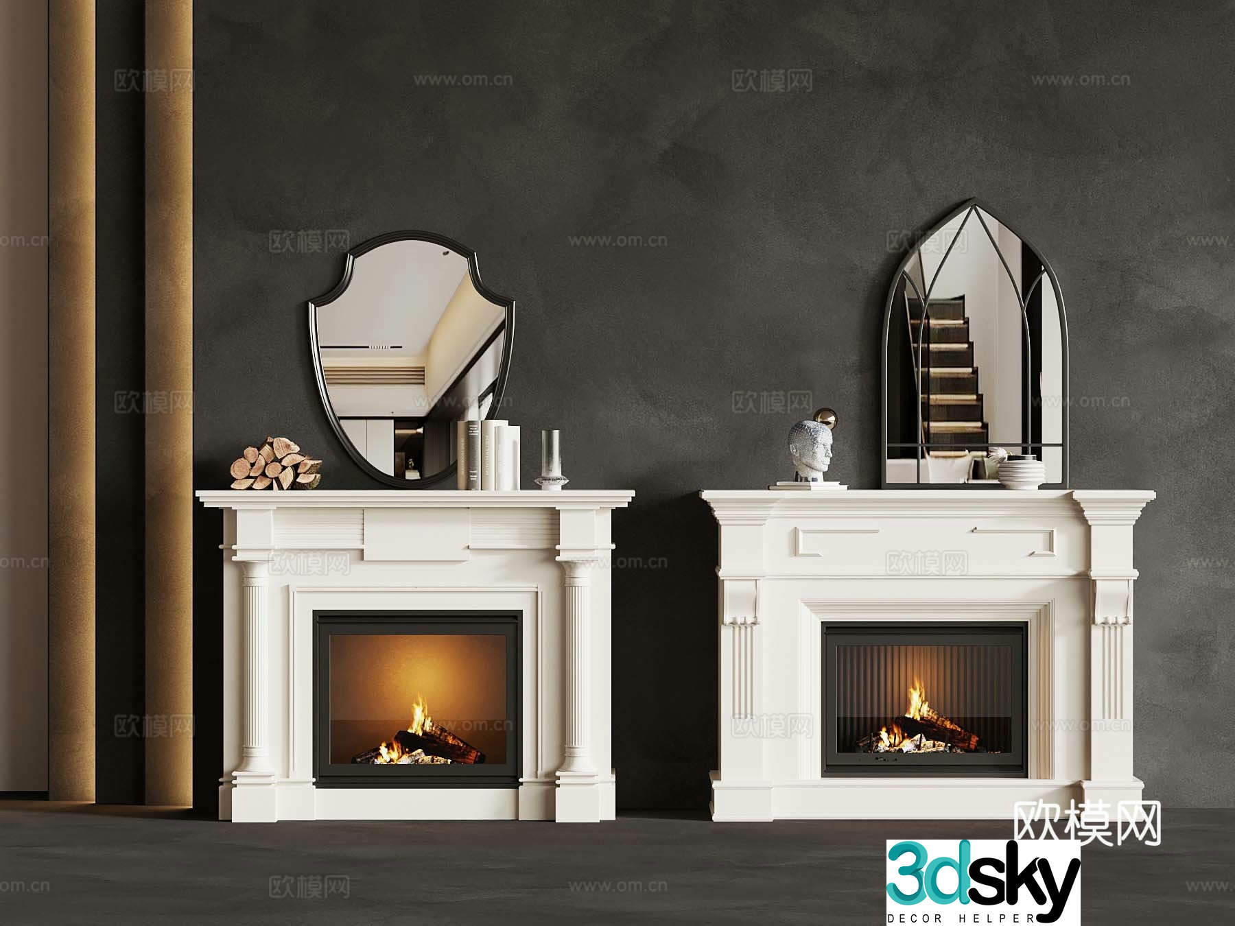 French fireplace electronic fireplace firewood pile flame 3d model