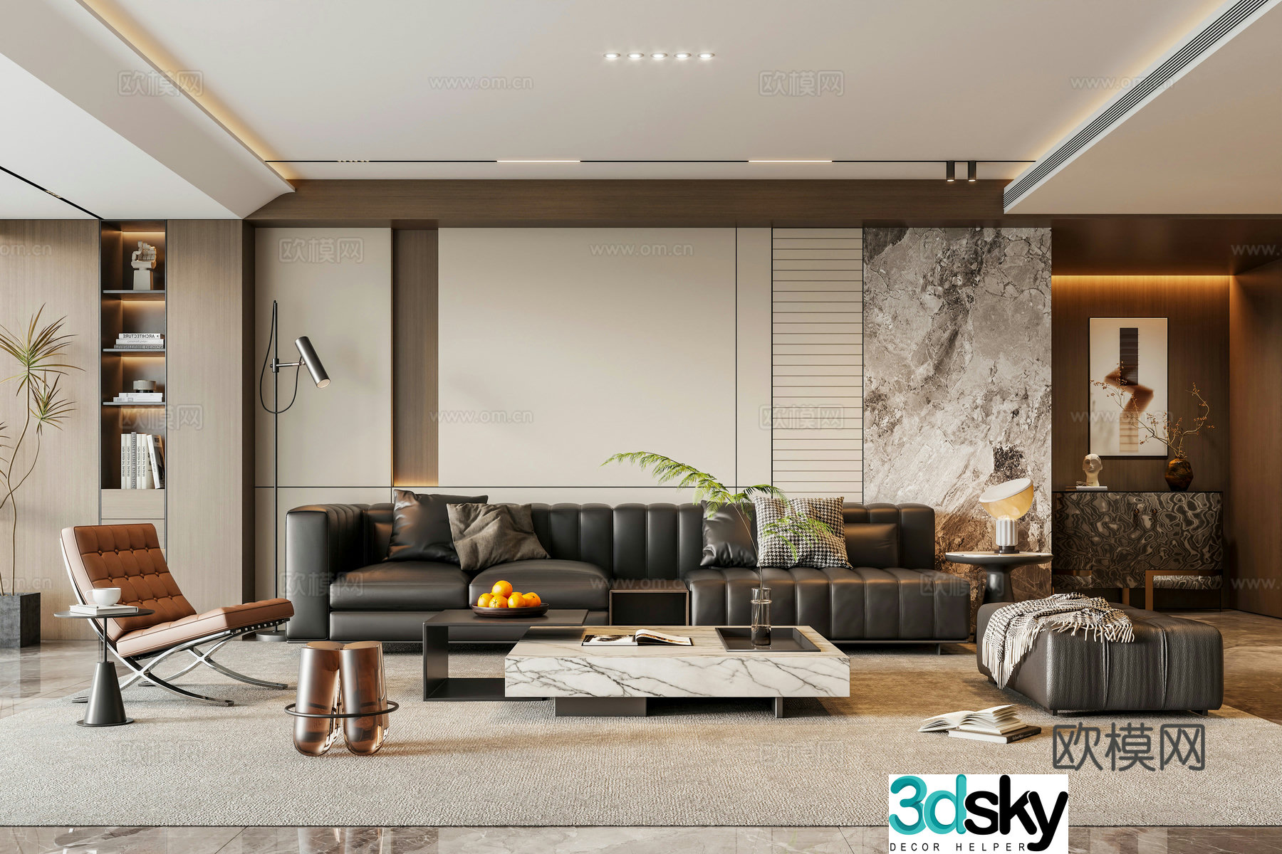 Italian light luxury home living room black leather sofa coffee table high-end gray living room without owner light 3D model