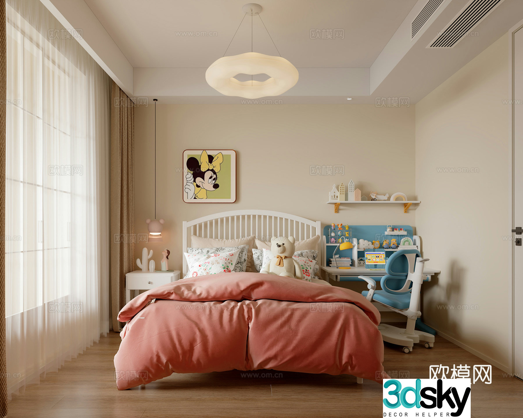 Creamy children’s room Creamy bedroom Desk Study Modern Bedroom Simple bedroom 3D model